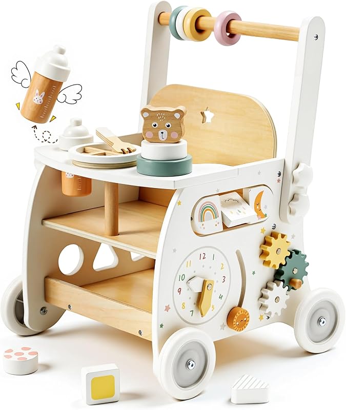 labebe Wooden Baby Walker, Baby Push Walker Doll Stroller, Push Activity Walker for Kids 18M+, Adjustable Speed Learning Walking with Wheels, Birthday Gift for Girls Boys Ages 1-3