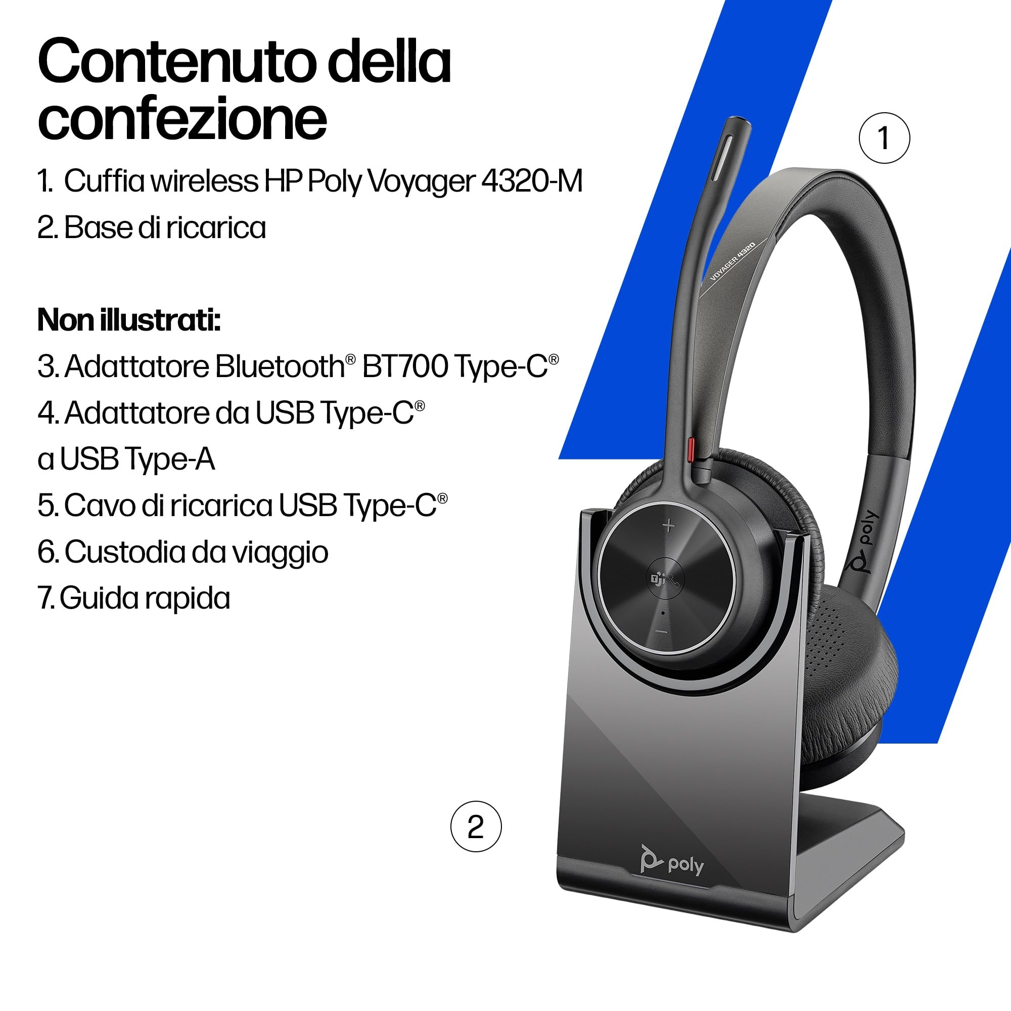 Poly Voyager 4320 UC, Cuffia Senza Filo, Connessione Bluetooth 5.1 e Dongle USB-C BT700, Cuscinetti in Similpelle, Autonomia 24 Ore, Base per Ricarica, Compatibile con Windows 10 e macOS, Nero