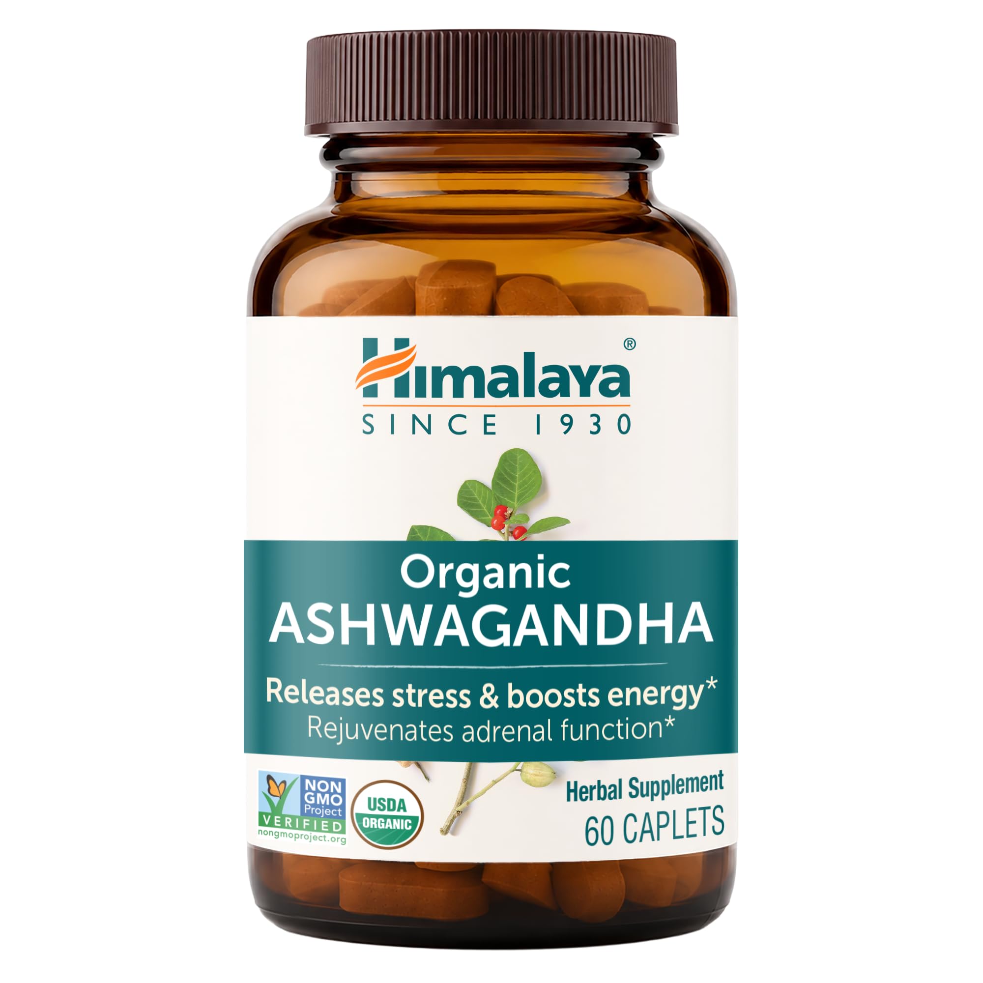 Himalaya USDA Organic Ashwagandha Root, 670 mg, 60 Day Supply, 60 Caplets 60 Count (Pack of 1) Capsules