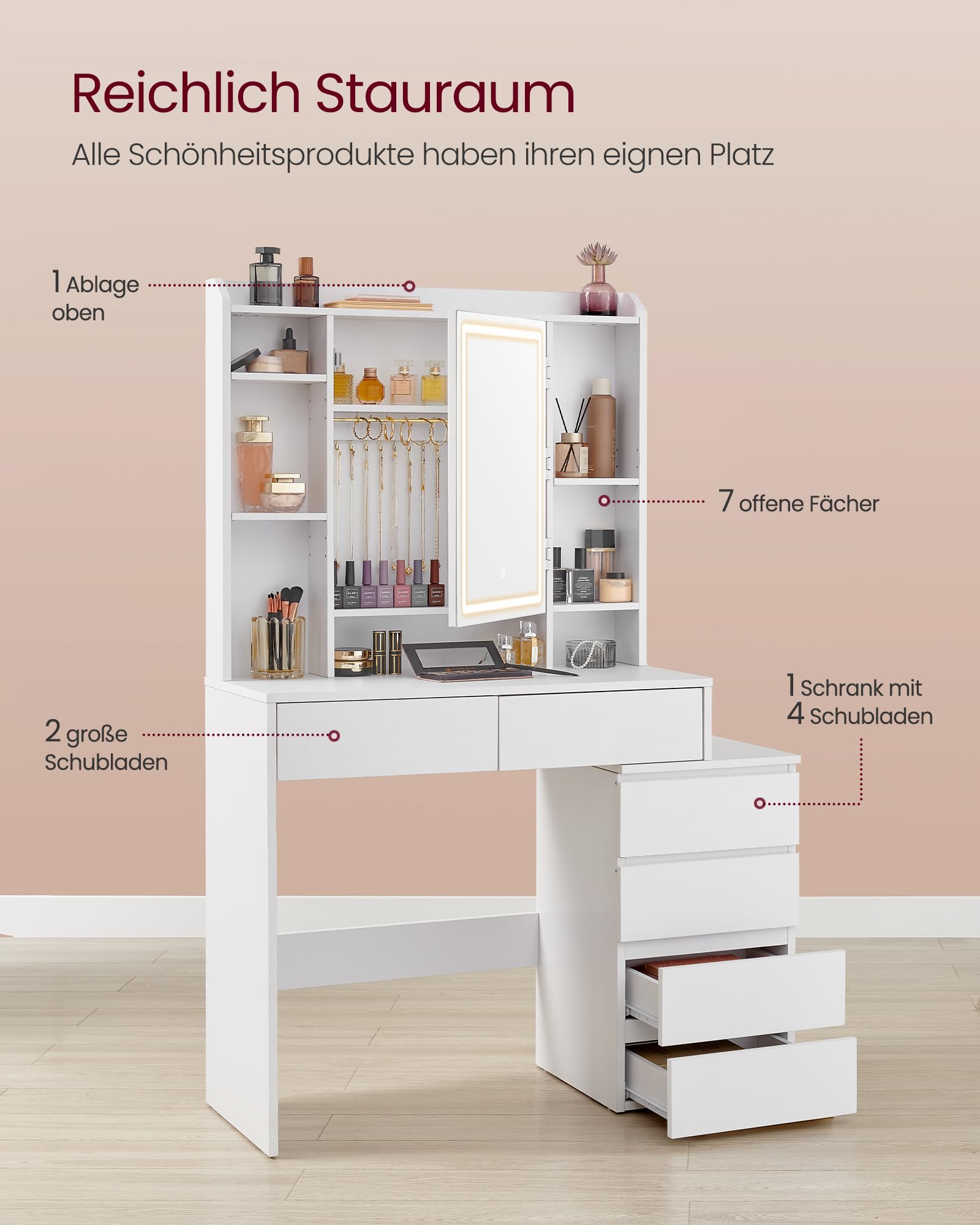 VASAGLE Kailyn Kollektion - Schminktisch mit LED-Beleuchtung, 3 einstellbare Lichtfarben, Frisiertisch mit Spiegel, Schubladen, offene Fächer, mit Hocker, verstellbare Ablagen, wolkenweiß RDT125W01