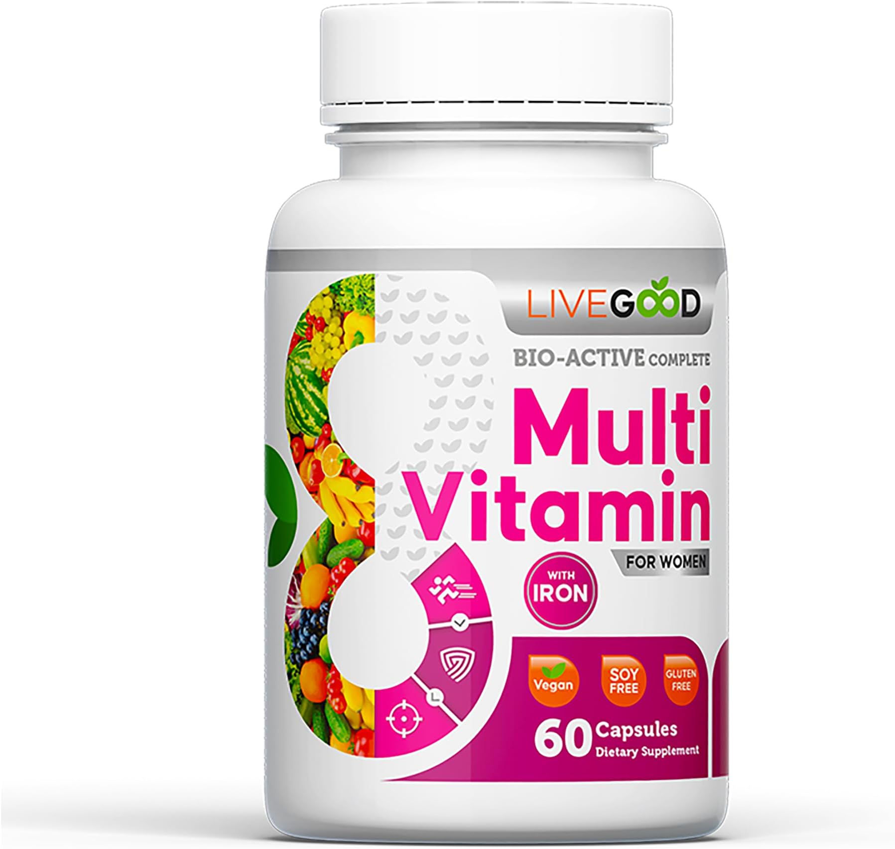 LIVEGOOD Bio-Active Complete Multivitamin for Women with Iron, Daily Women’s Multi with 24 Essential Vitamins and Minerals for Energy, Immunity and Bone Support, Complete Formula (60 Capsules)