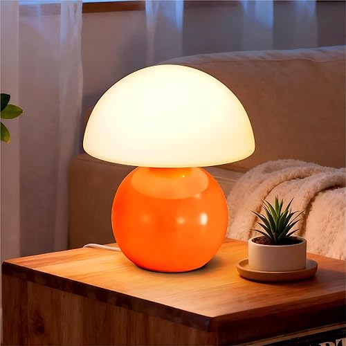Lámpara pequeña de hongo, lámpara de mesa de noche con enchufe USB con bombilla LED de 3 temperaturas regulable, decoración estética única y bonita