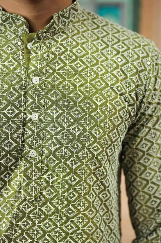 Image of LookMark Men's Printed Silk Blend Kurta with Mandarin Collar, Full Sleeves, Straight Fit Traditional Ethnic Wear