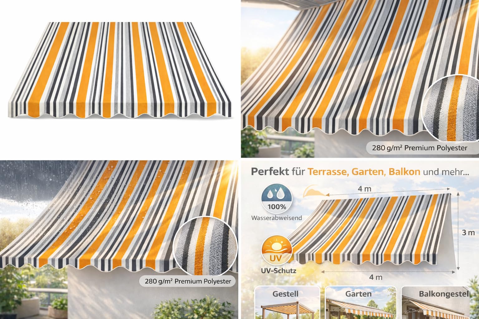 home Trends Tenda da sole con balze, 4 x 3 m, di ricambio, 387 x 300 cm, per balcone, impermeabile, protezione solare, panno di ricambio P5002, arancione, nero, bianco, blu, strisce