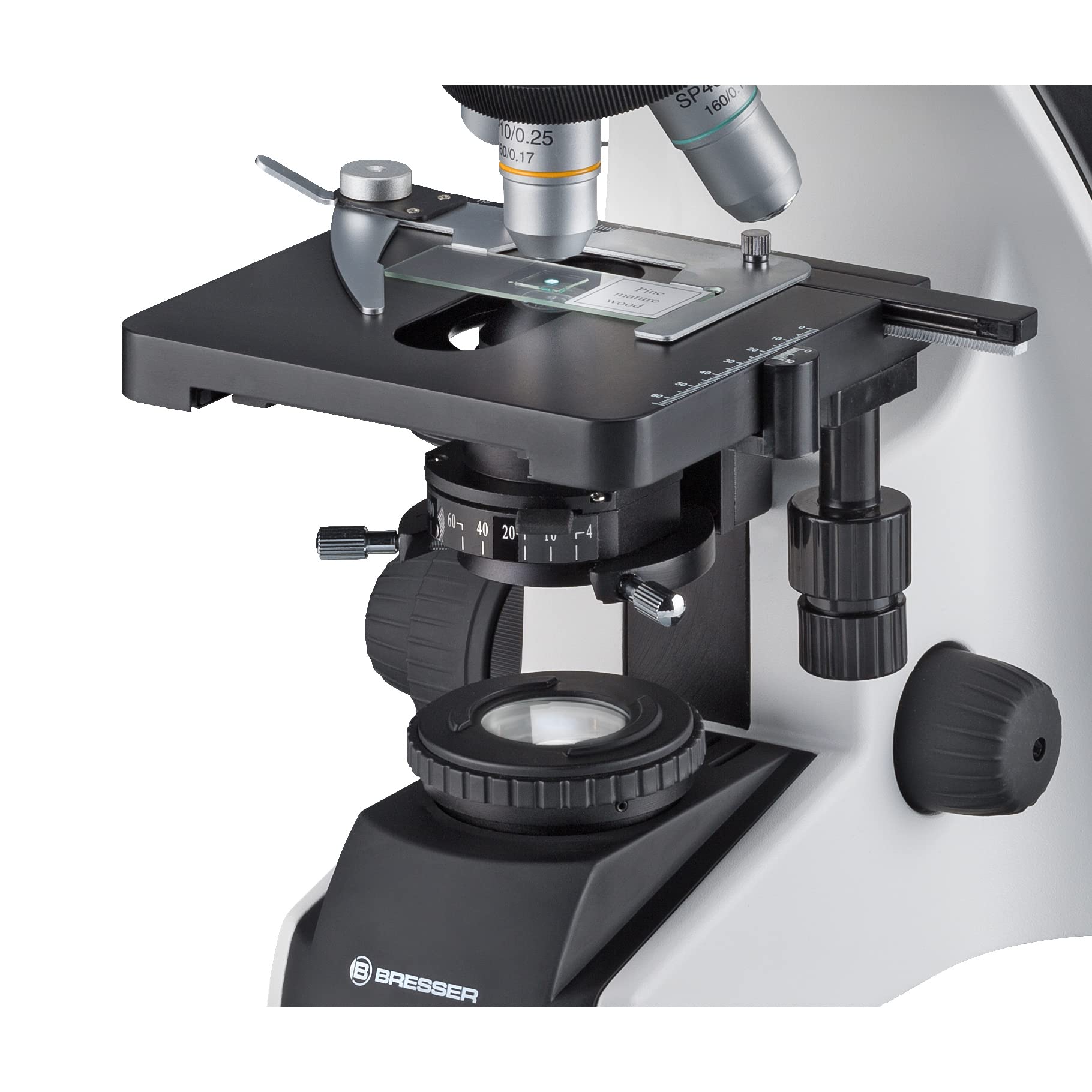 Bresser binokulares Durchlicht Mikroskop Science TFM-201 Bino 40-1000x Vergrößerung, mit Köhlerscher Beleuchtung, koaxialem Kreuztisch und sehr heller 3W LED-Beleuchtung, für gehobene Ansprüche ,Weiß | Köhlersche Durchlichtbeleuchtung, 4 Semiplan Objektiv