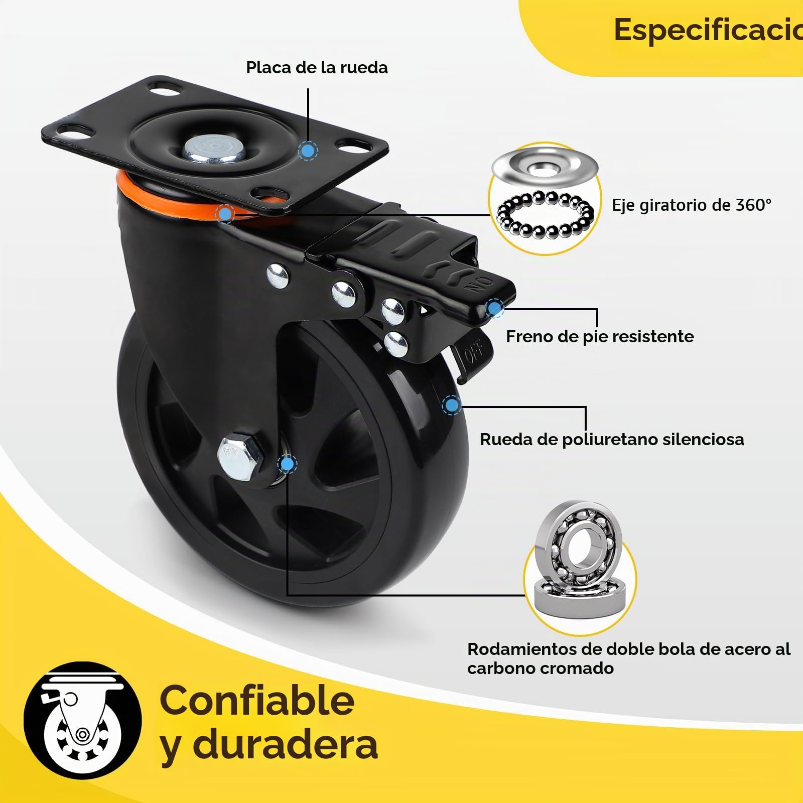 SWAWIS 4Pcs Ruedas Giratorias 150mm, Ruedas Pesados con Freno, Rueda Pivotantes Poliuretano con Tornillos Hasta 800kg, Ruedas para Muebles, para Hogar Oficina Fábrica