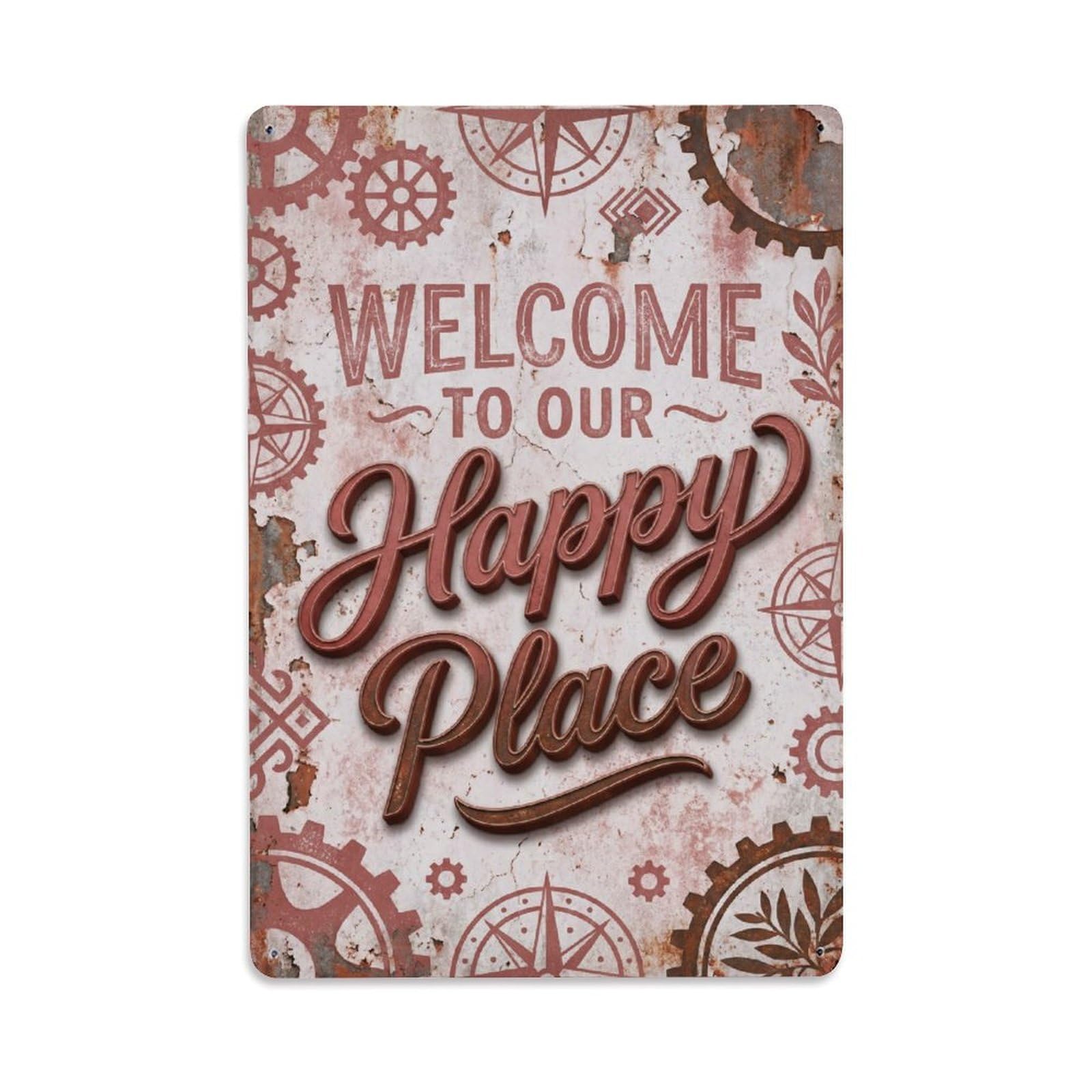 Okngb Style Rouge Pattern Welcome Happy Place Patina Frame Motif Metal Tin Sign Plaque Wall Decor For Cafe, Man Cave, Club Bar, Office, Home Garden Round Metal Poster 8X12inch