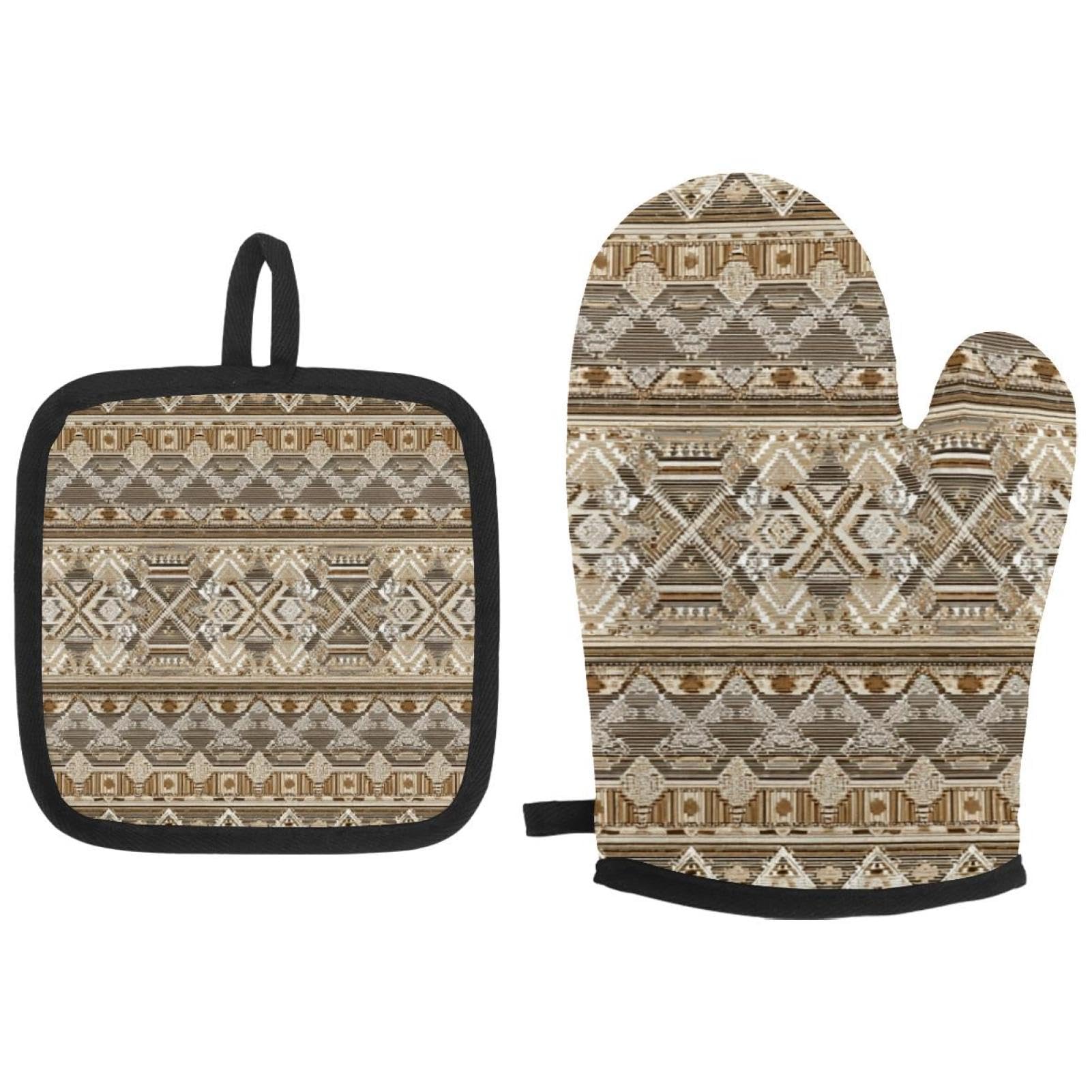 Maniques de cuisine rétro beiges lot de 7 pièces avec motifs ethniques pour la cuisson au four