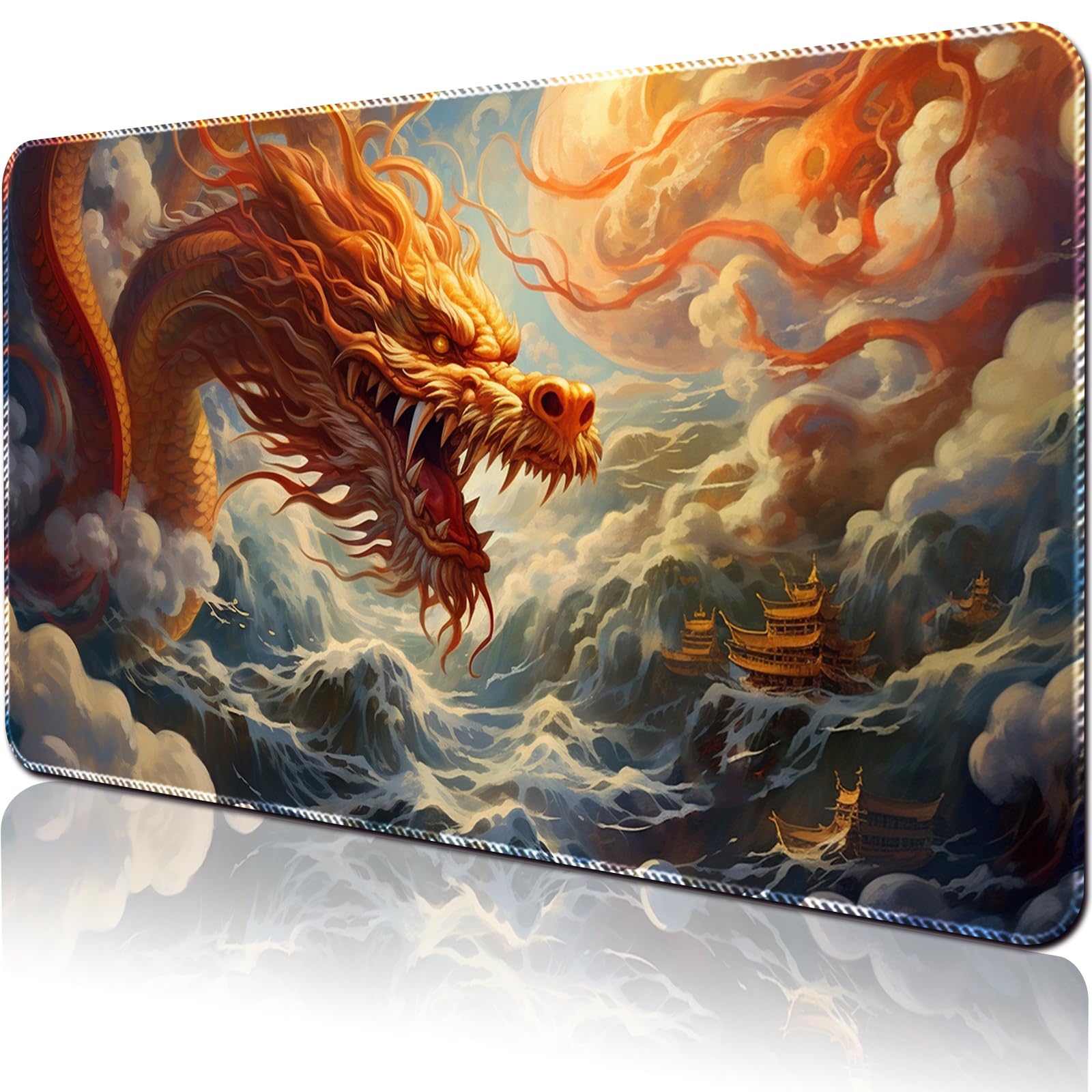 April Space Playmat Board Game MTG Duel Playmat Trading Card 23.6 x 13.8in Stitching Edges Compatible for TCG CCG RPG OCG with Card Zones Including Storage Bags (No Zone,Golden Dragon)