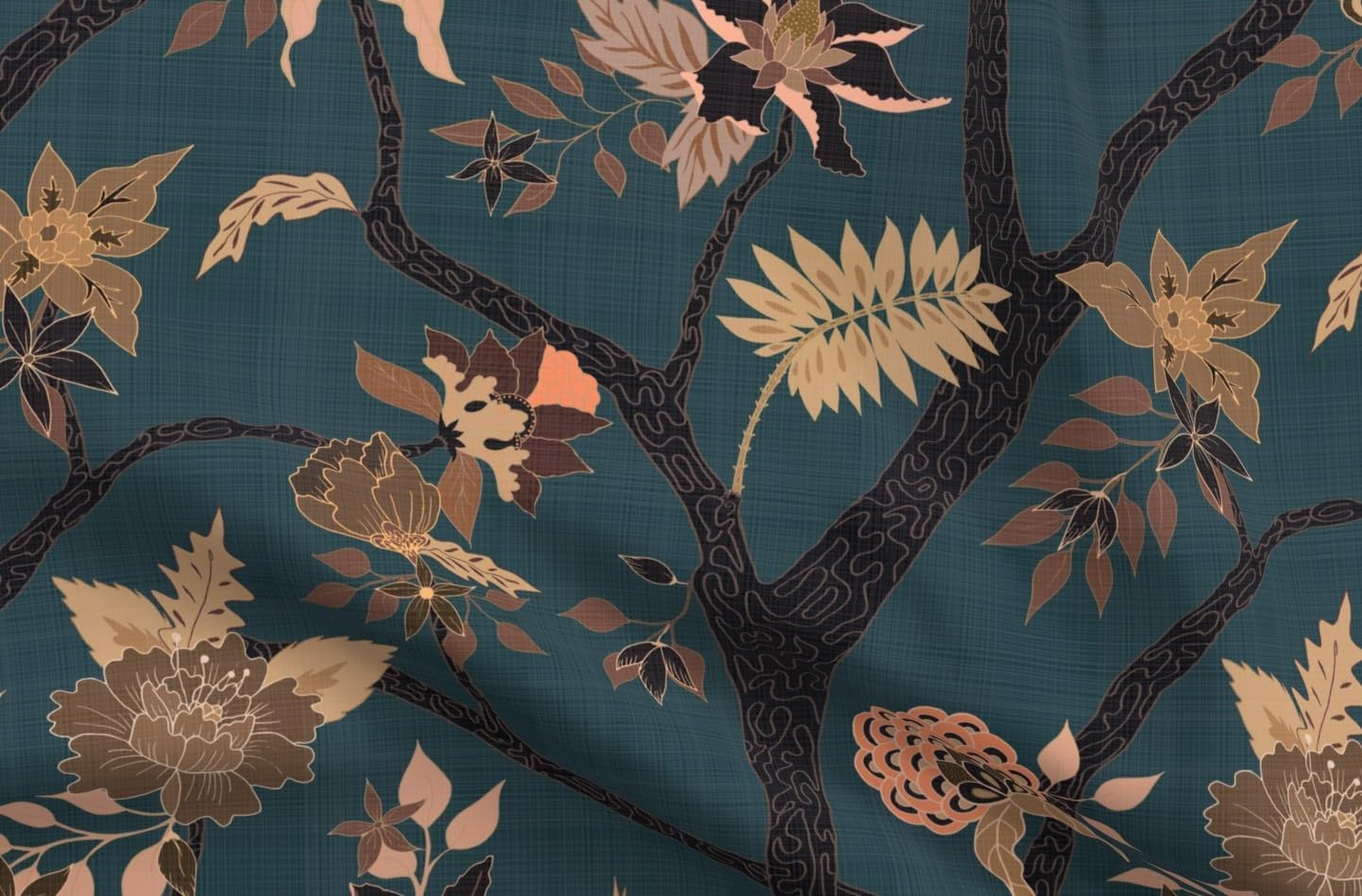 Spoonflower Fabric - Teal Peony Branch Bro Floral Large Scale Chinoiserie Botanical Printed on Petal Cotton Fabric Fat Quarter - Sewing Quilting Apparel Crafts Decor