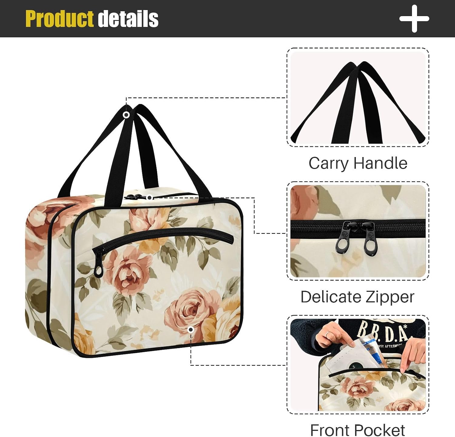 Brown Romantic Rose Hanging Toiletry kit for Men with Hook Designer Fashion Makeup Bag for car Traveler Work cartera para maquillaje, Brown Romantic Rose, L, casual