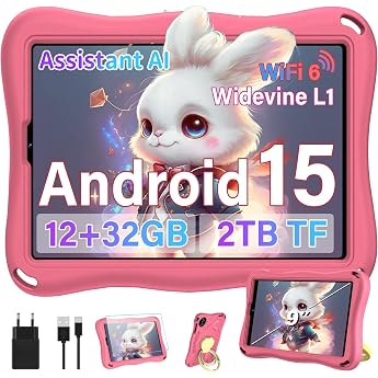 Kid Tablet 9 Zoll Android 15Tablet Octa-Core 12 GB RAM + 32 GB ROM 2 TB TF 5G+2.4G WiFi 1340 800 GMS Widevine L1 BT 5.0 Type-C 5000mAh Face ID Tablet PC Mit Eva-Schutzh lle Rosa