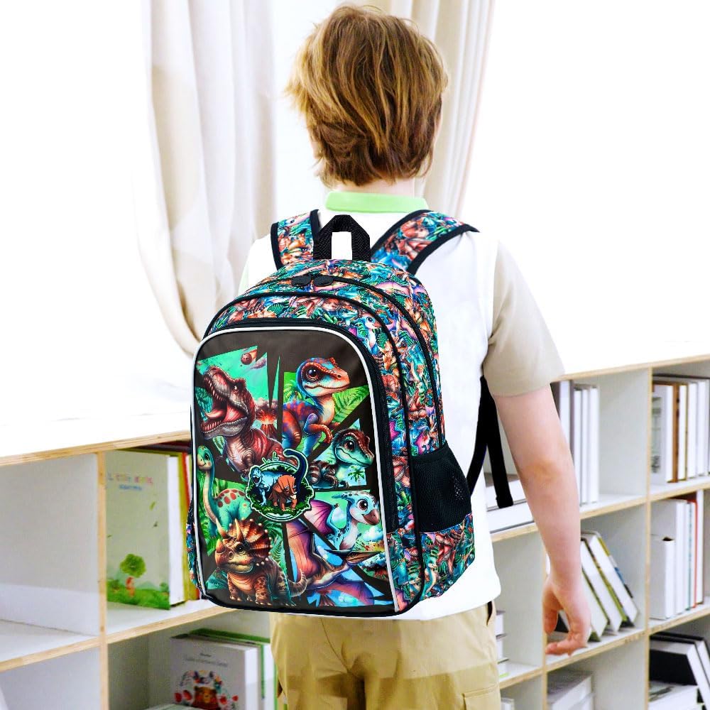 gxtvo 3PCS Kids Dinosaur Backpack, 16" Boys Bookbag with Lunch Box, Water Resistant Elementary Preschool Toddler School Bag