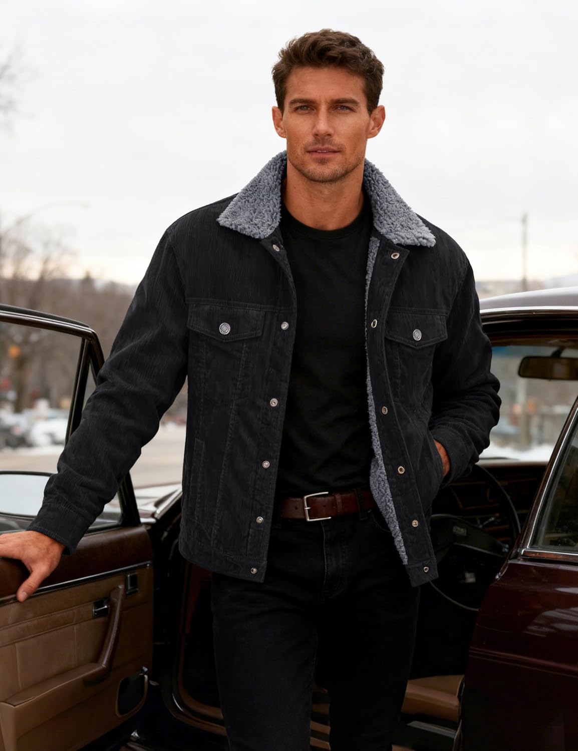 MAGCOMSEN Men's Corduroy Jacket Winter Sherpa Lined Warm Thick Trucker Cargo Coat with 5 Pockets - Image 2