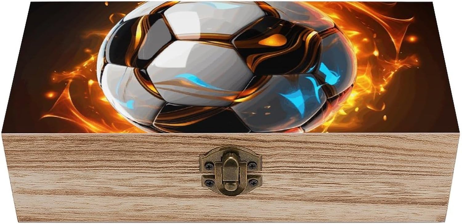 Storage Box Wooden Decorative Box Keepsake Boxes with Hinged Lock Cool Soccer Ball Storage Bins Jewelry Storage Chest Storage Container for Organize Keepsake Gift