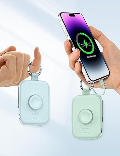Miniatura 49 de RORRY Cargador portátil, cargador portátil de 5000 mAh con cables integrados, llavero de viaje para Apple Watch Ultra/11/10/9/8/7/6/SE, iPhone Azul
