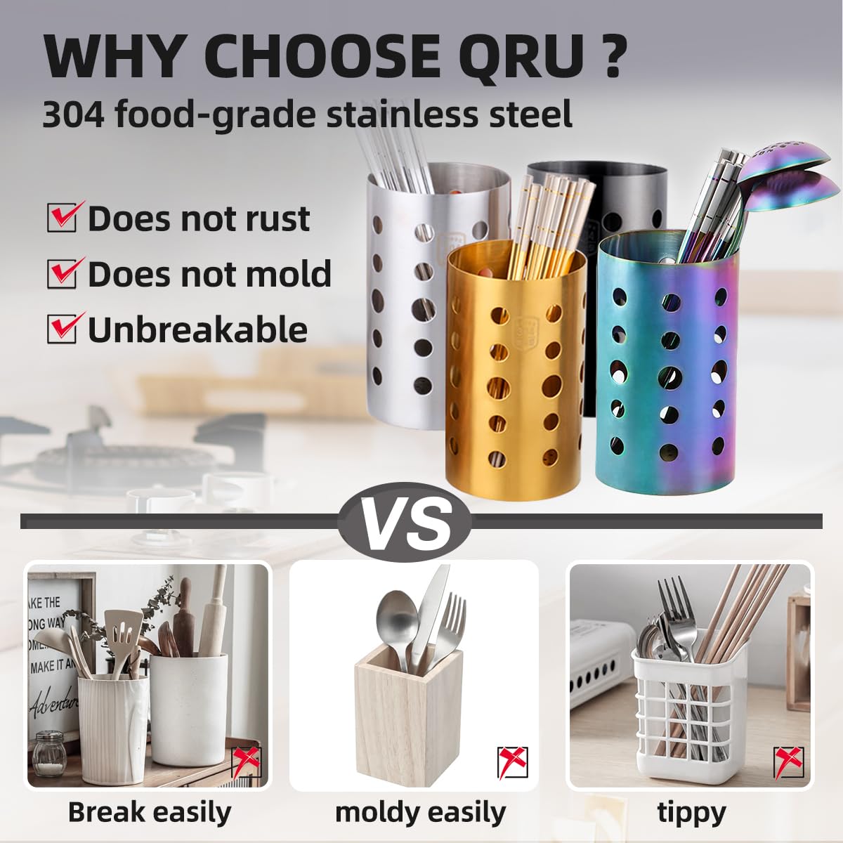 QRU Soporte para utensilios de cocina para encimera (6.7 pulgadas de alto x 4.1 pulgadas de ancho), organizador de utensilios de cocina de acero inoxidable para herramientas, espátulas, cucharas,