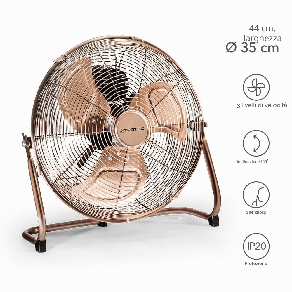 TROTEC Ventilatore da pavimento TVM 13-44 Watt, angolo di inclinazione 100°, 3 livelli, Ø 35 cm, supporto antiribaltamento, silenzioso, rame