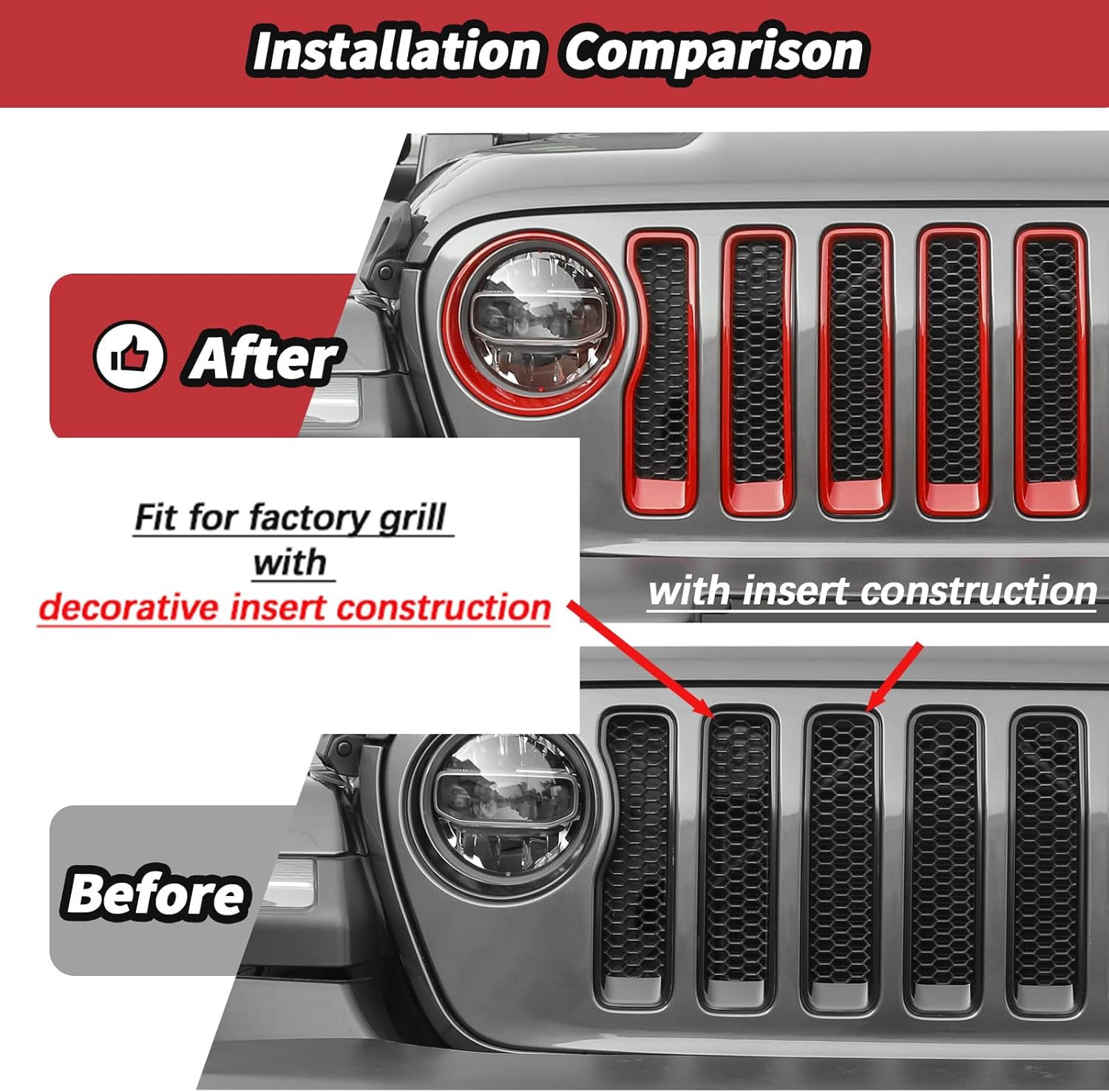 JeCar Red Gille Grill Inserts & Headlight Covers Trim Accessories Fit for Jeep Wrangler JL JLU 2018-2023 Exterior Accessories