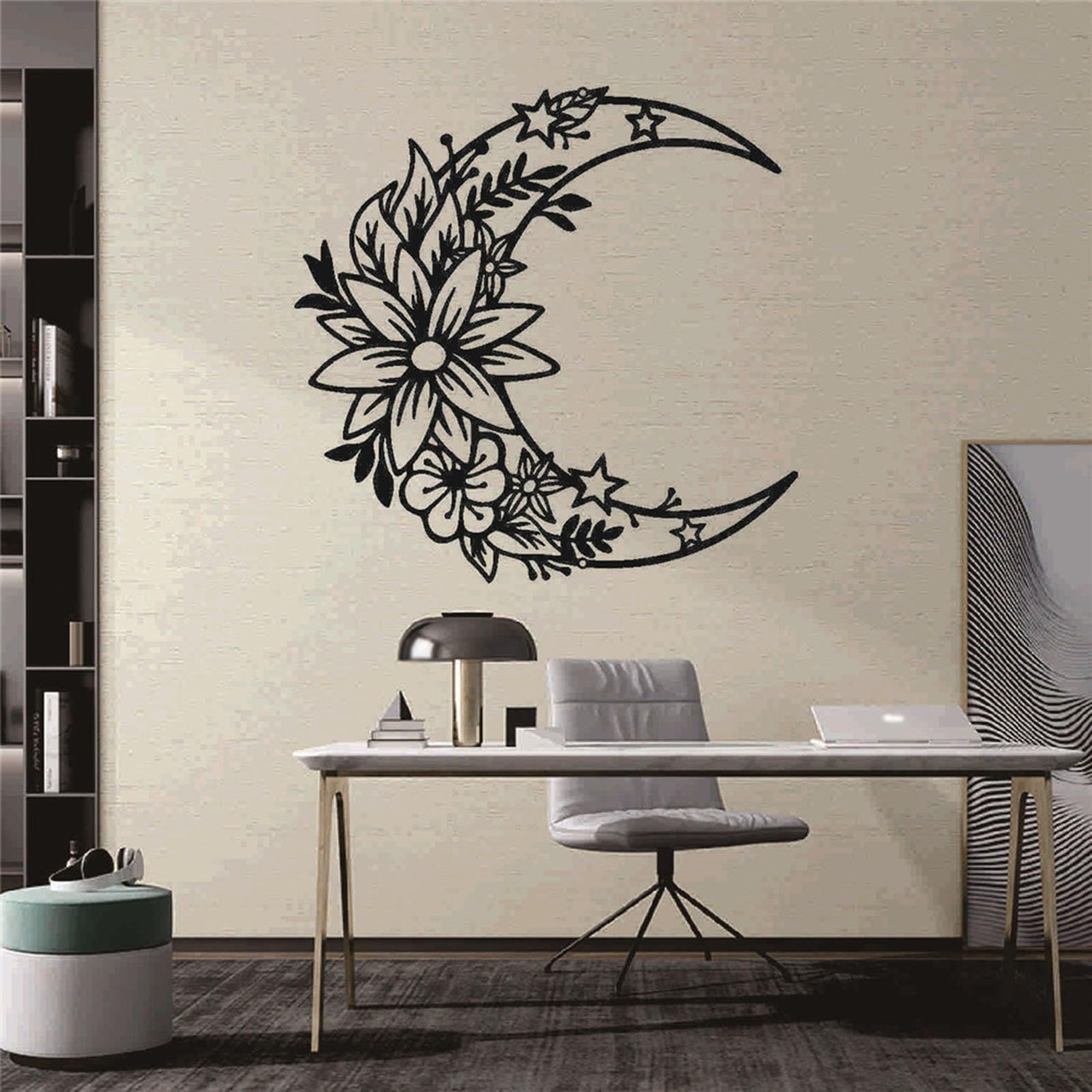 Sculpture murale artisanale fleurs noires et lune en métal durable
