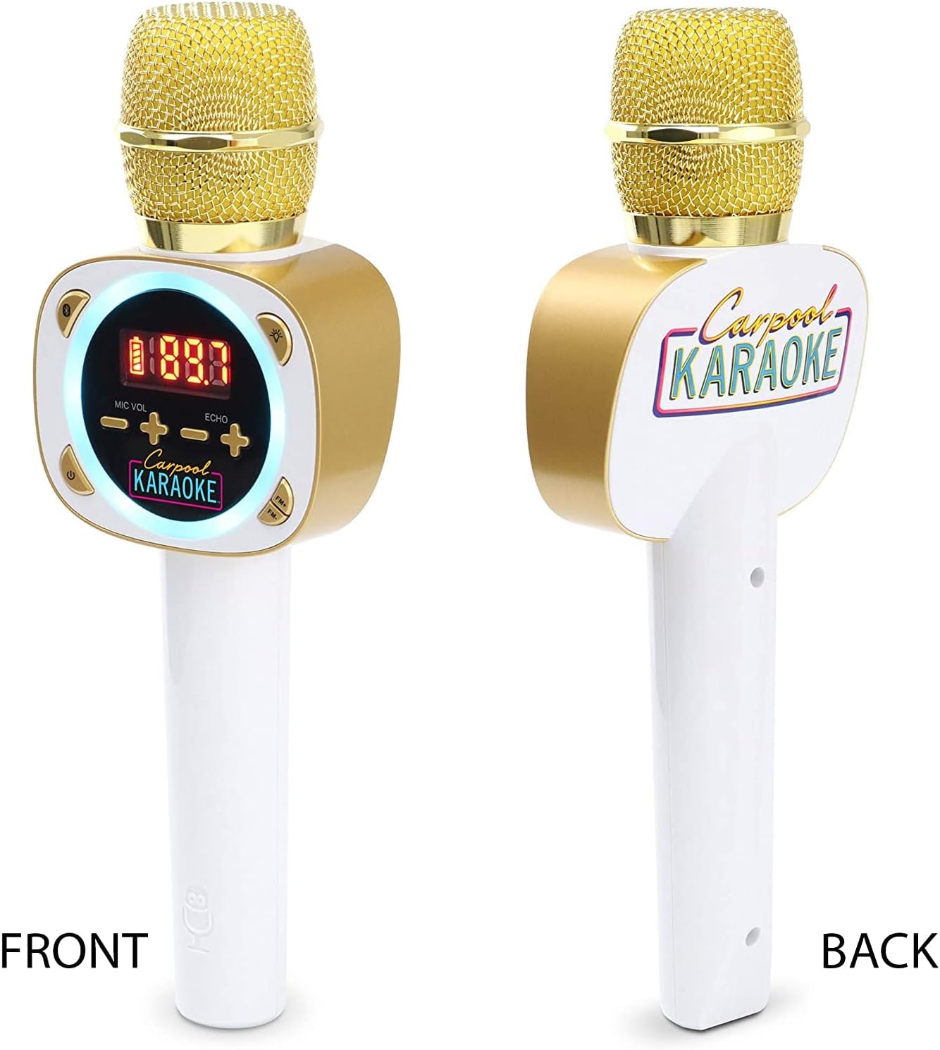 Front and back view of the Carpool Karaoke microphone