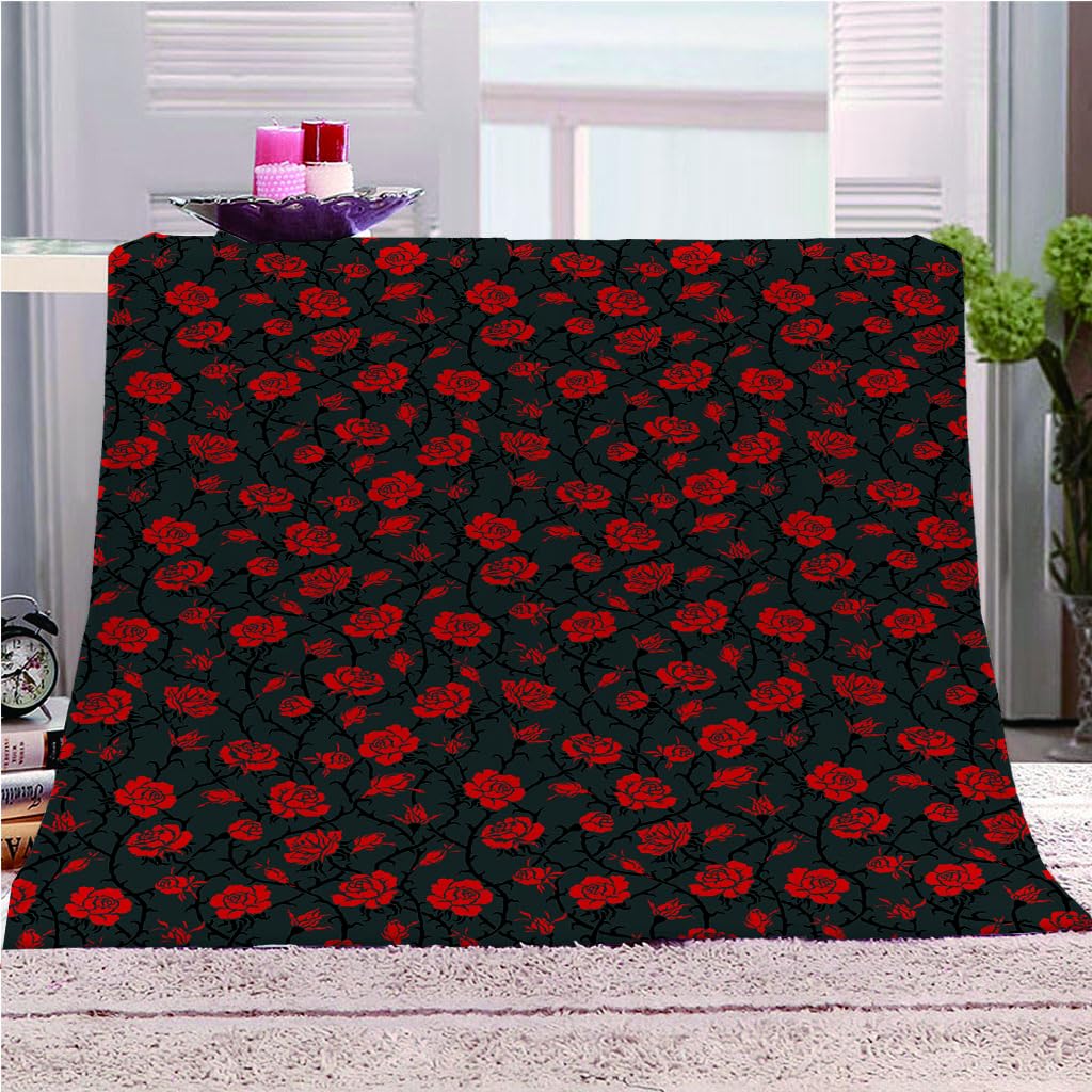 Manta De Franela De Microfibra 150X200Cm Manta De Felpa Suave para Sofá Cama 3D Flor Rosa Roja Impresión Patrón Manta Polar Invierno Gruesa Y Esponjosa Caliente Transpirable