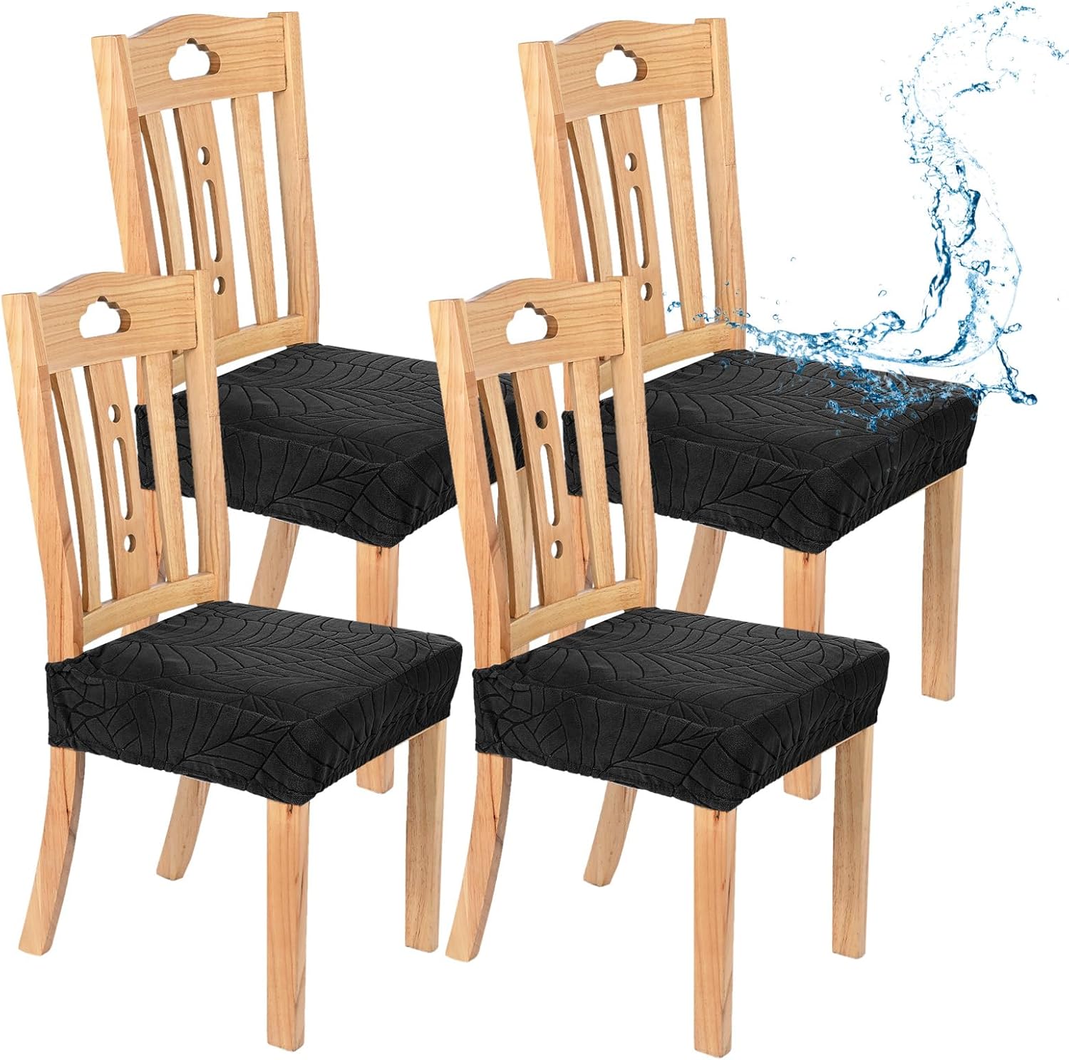 M METERXITY 4-Pack Waterproof Dining Chair Covers, Stretch Jacquard Dining Room Seat Cover for Kitchen/Home/Banquet, Removable Washable Chairs Cushion Slipcovers Protector [Black]