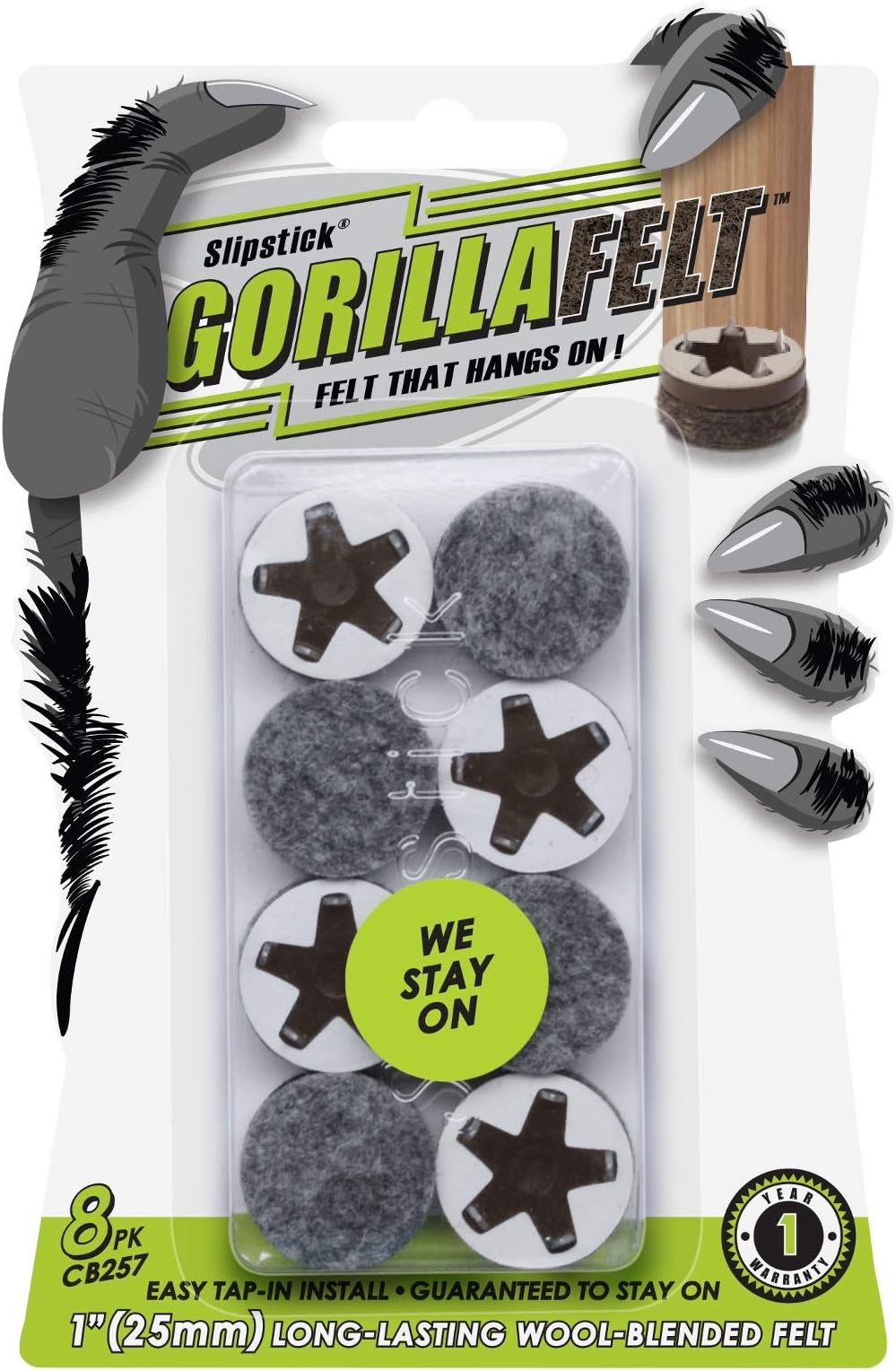 GorillaFelt CB257 Chair Leg Floor Protectors (8 Pack) Tap On Felt Furniture Pads Guaranteed to Stay On, 1 Inch Round Glides