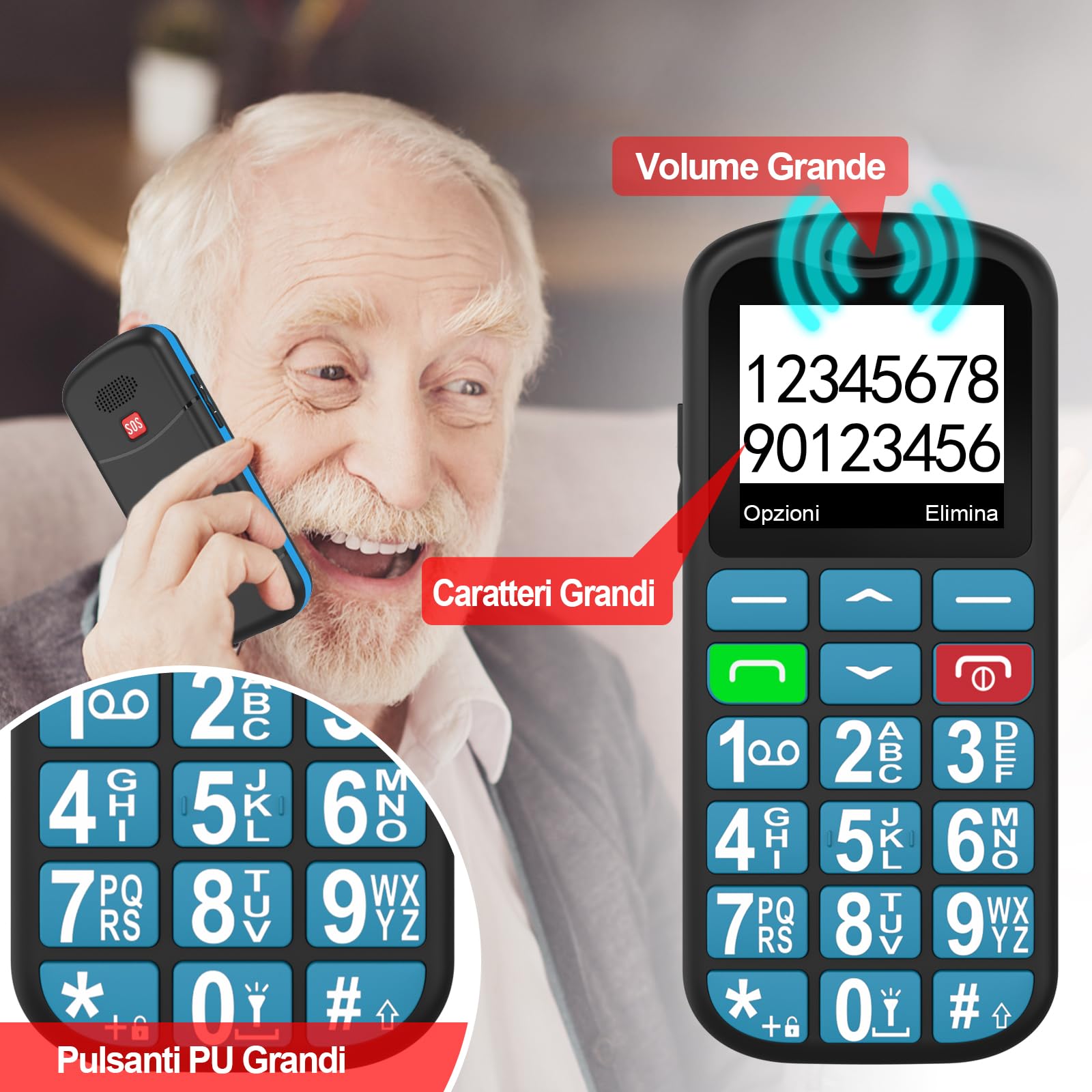 uleway Telefono Cellulare per Anziani, 4G senza Contratto, Grande Pulsante Facile da Usare, Volume Elevato, Supporta Nano SIM, Pulsante SOS, Composizione Rapida, Torcia, Display 1,77 Pollici, USB-C