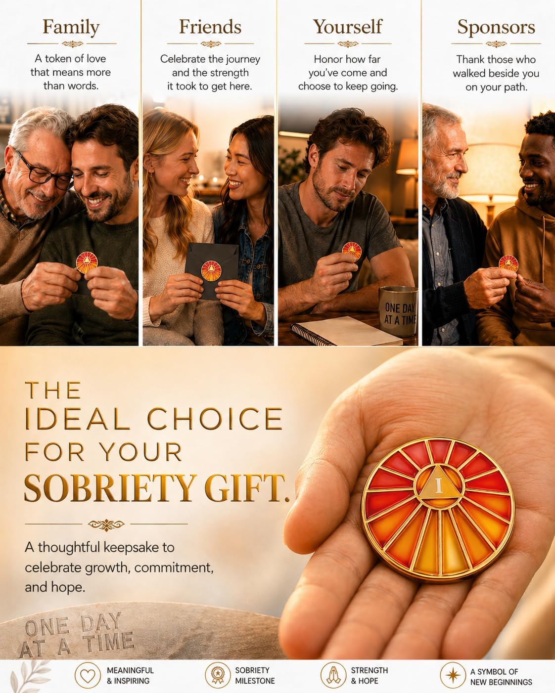 Sunburst 1 Year Sobriety Coin | Radiant Translucent Stained Glass Design - AA Medallion Fits Big Book Window, Recovery Milestone Alcoholics Anonymous Gift for Men Women Sponsor