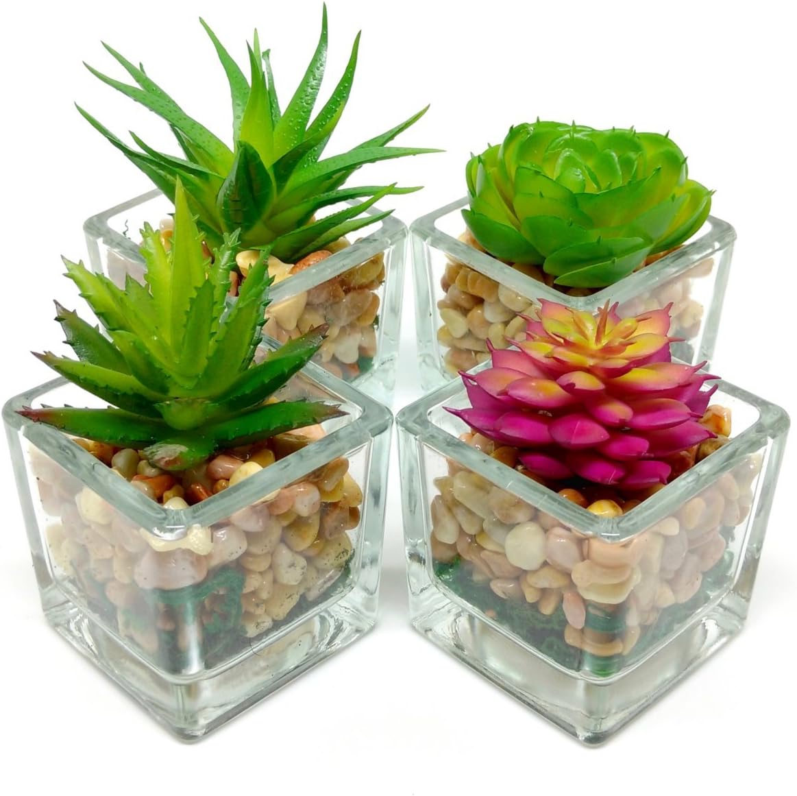 Small Glass Cube Artificial Succulent Planters | 4 Set | Assorted Faux Plants with Smooth Rocks