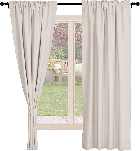 Frelement Cortinas opacas de lino natural, paneles de cortinas con bolsillo para barra y pestaña trasera, para sala de estar, cortinas con
