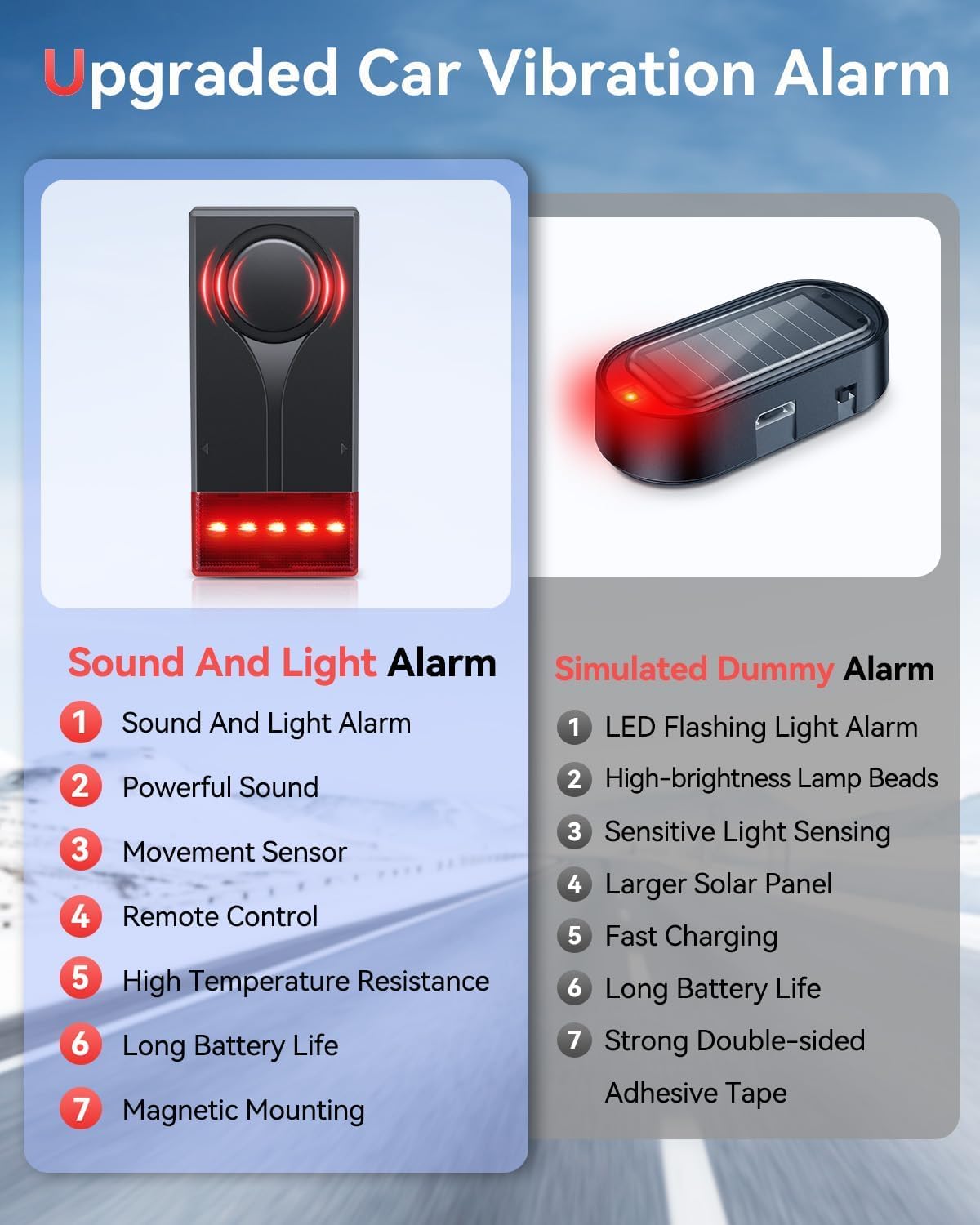 Auto-Vibrationsalarm mit Ton und Licht und Fernbedienung, ELECTOP 108 dB Auto-Diebstahlschutz-Vibrationsalarm, Diebstahlschutz-LED-Blinklicht, kabelloser Fahrzeug-Sicherheitsalarm mit 2 Stück Alarm