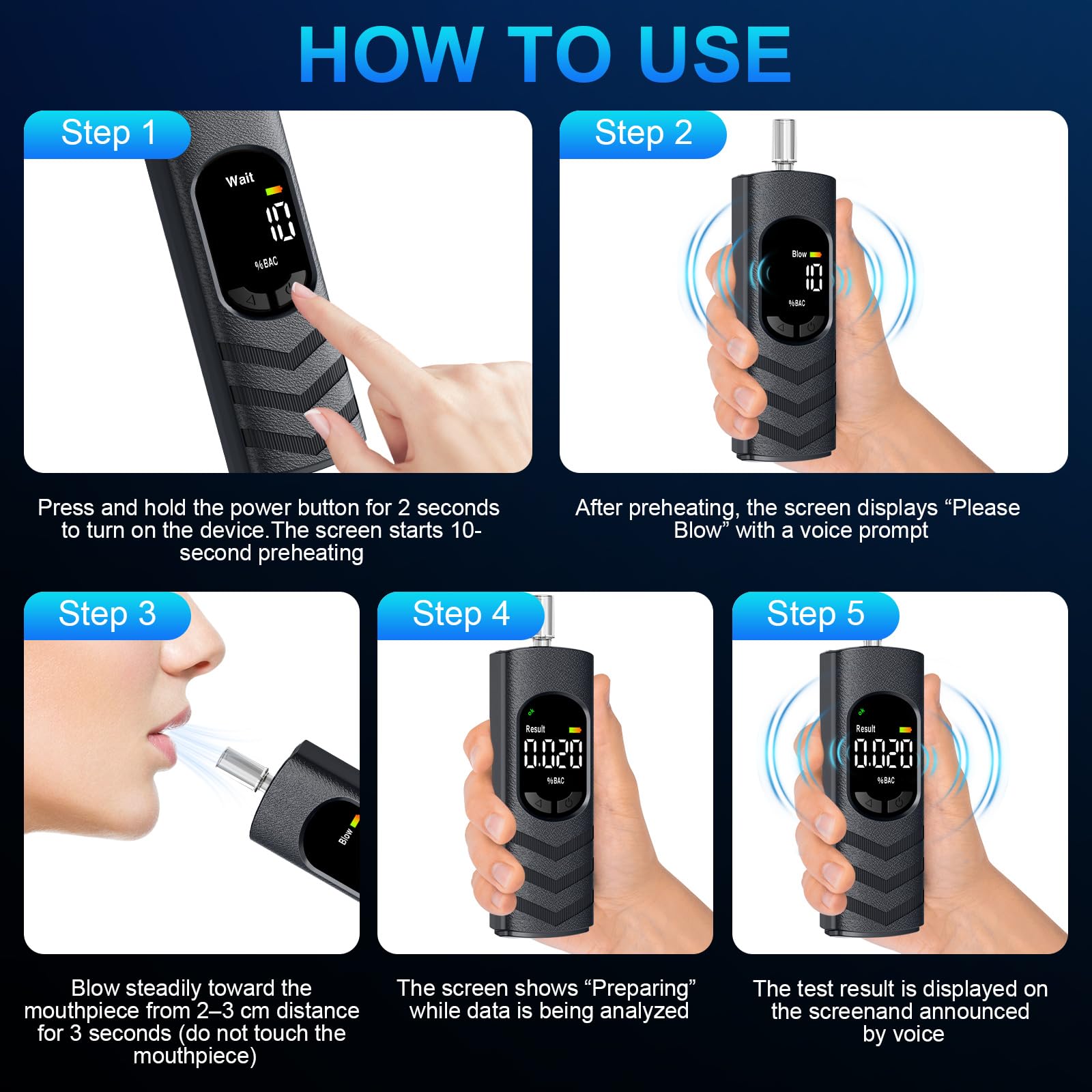 Ethylotest Electronique, Alcootest Portable avec Écran LCD, Ethylometre Personnel pour Auto-Contrôle, Rechargeable USB, avec 25 Embouts Buccaux