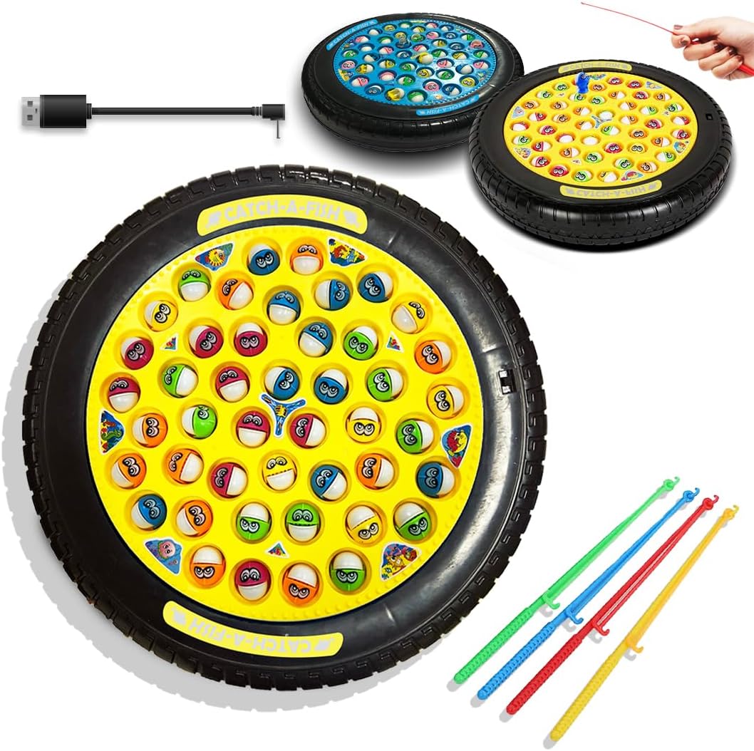 Wembley Fishing Game Rechargeable Rotating Board 45 Fishes with Big Round Pond & 4 Catching Sticks Toys for Kids Toddlers Age 3 4 5 6 7 8 for 1-4 Players - Multicolor