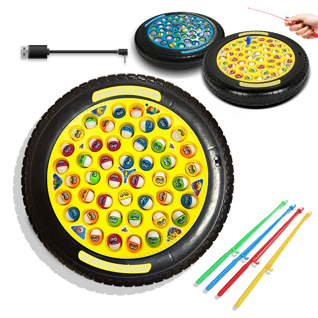 Wembley Fishing Game Rechargeable Rotating Board 45 Fishes with Big Round Pond & 4 Catching Sticks Toys for Kids Toddlers Age 3 4 5 6 7 8 for 1-4 Players - Multicolor