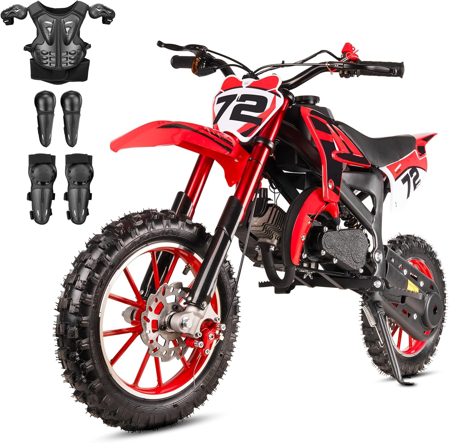 Dirt Bike for Kids and Teens 49cc 2-Stroke Gas Powered Mini Dirt Bike Adjustable Speed Limiter Chain Guard Youth Gas Pit Bike Pull Start, with Armor, Red