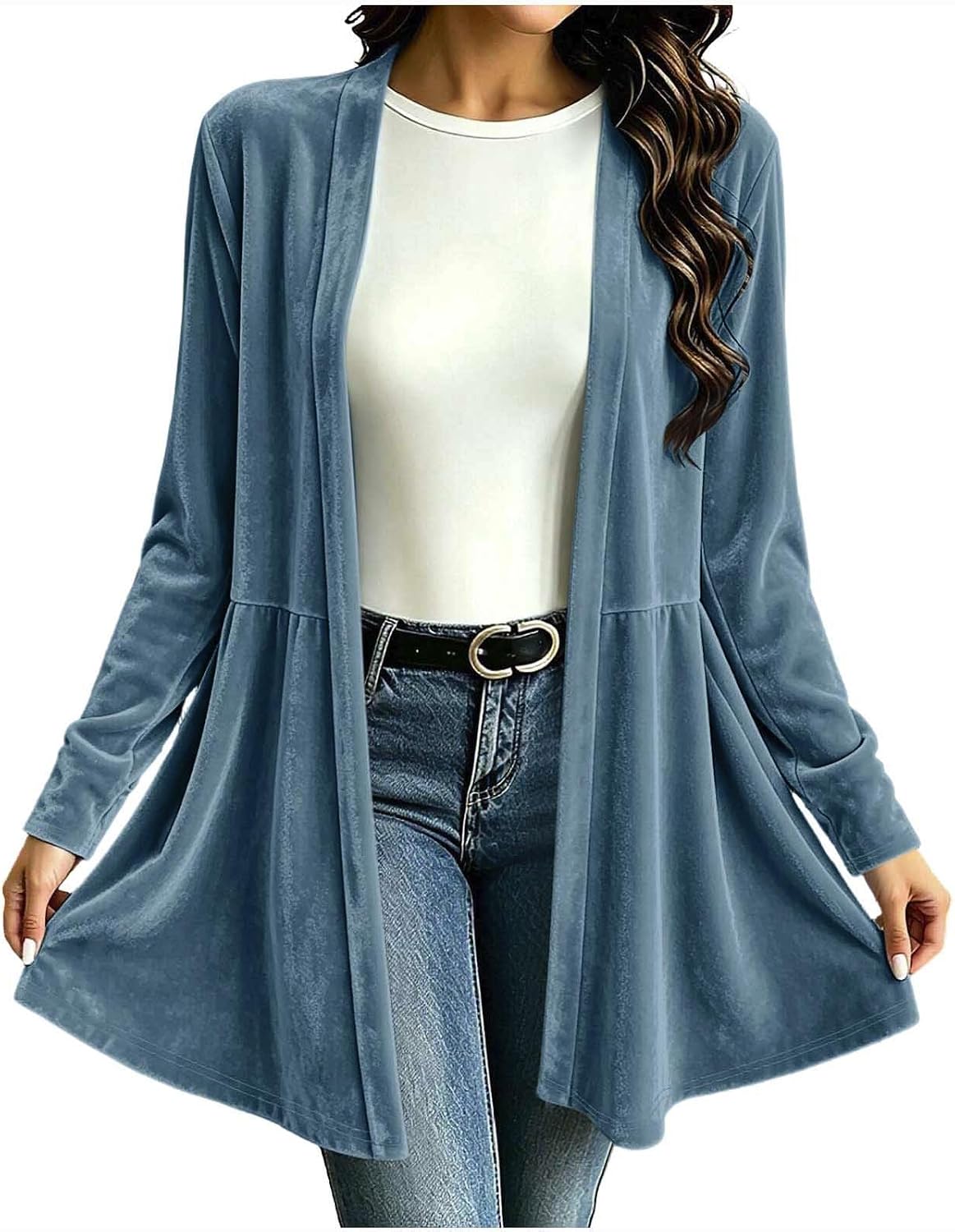 Women Velvet Long Cardigan Long Sleeve Flared Hem Mid‑Length Jacket