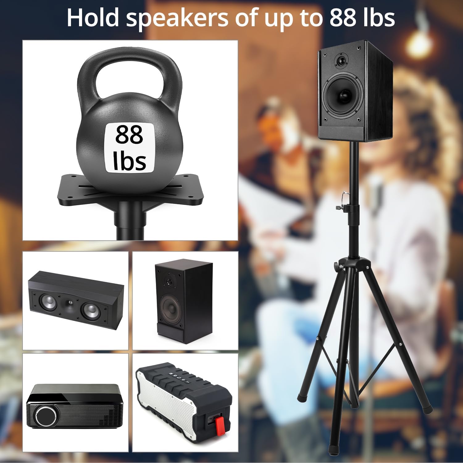 QWORK PA Speaker Stands Pair, 2 Pack Adjustable 39-77 Inches Speaker Stand, Heavy Duty DJ Tripod with Mounting Bracket