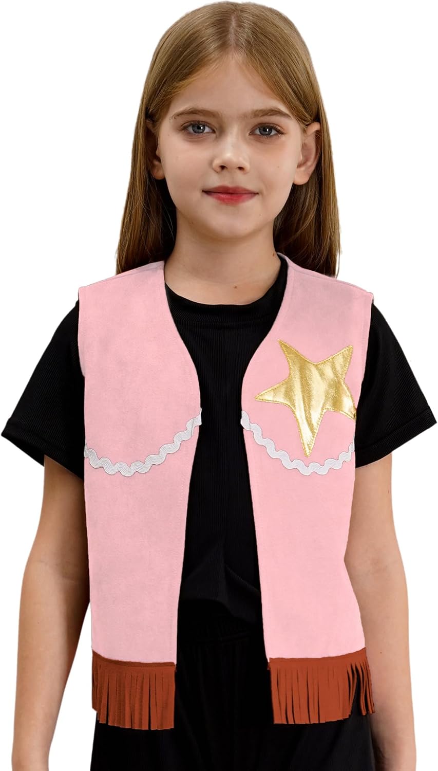 Western Cowgirl Fringe Vest for Kids Girls Sleeveless Open Front Vest Fringe Waistcoat Fancy Dress