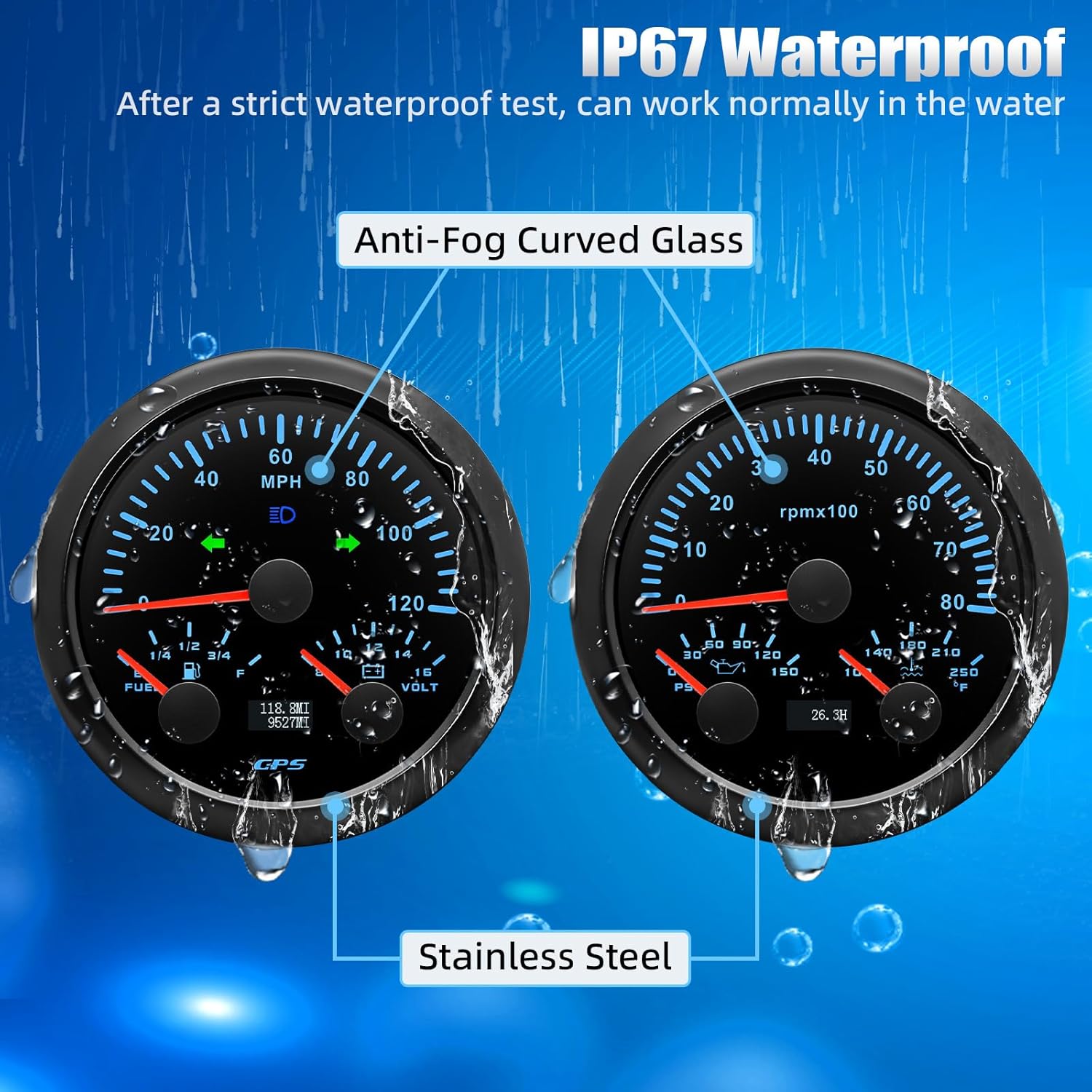 ARTILAURA 3in1 GPS Speedometer& Fuel Gauge (Adjust 240-33ohms, 0-90ohms, 0-190ohms, 10-180ohms) &Voltmeter+ 3in1 Tachometer& Oil Pressure Gauge & Water Teperature, 7 Color for Marine Car Auto