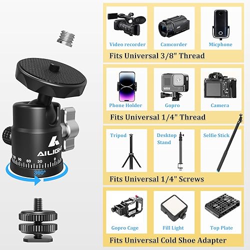 Miniatura 3 de Ailight Mini cabeza de bola, cabezal de trípode panorámico de 360, adaptador de tornillo universal de 14 a 38 pulgadas, soporte de trípode de cabeza