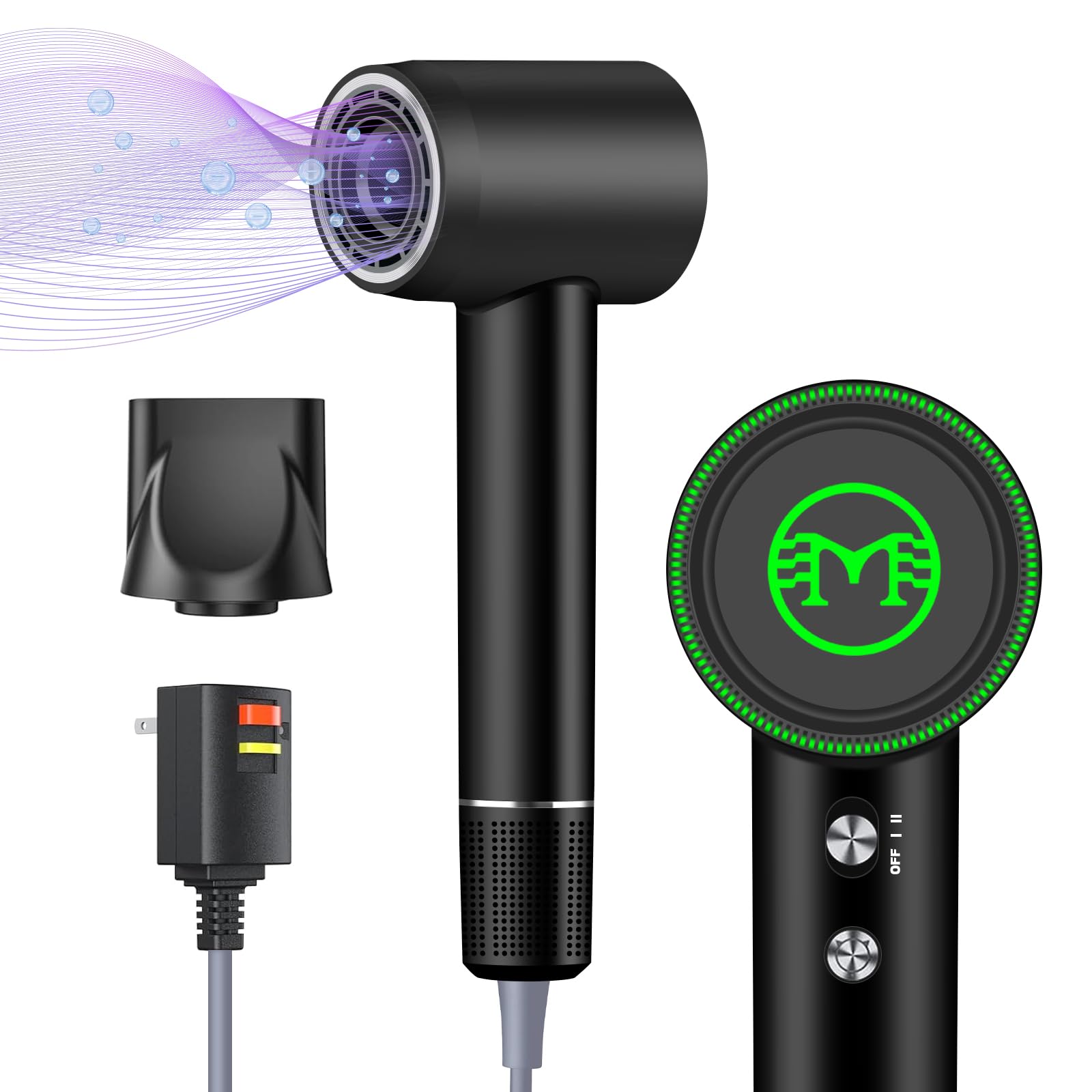 Secador de pelo – 110000 RPM de alta velocidad sin escobillas motor negativo secador de soplado iónico negativo para secado rápido, secador de pelo con control térmico de bajo ruido con boquilla con