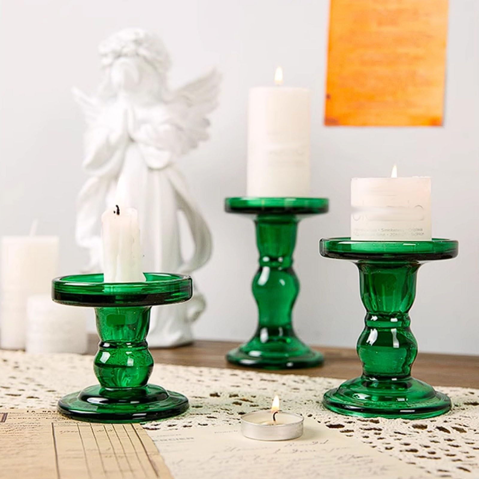 Säulen-Kerzenhalter aus Glas, 3er-Set, Kerzenständer grünem, for Heimdekoration und Foto-Requisite