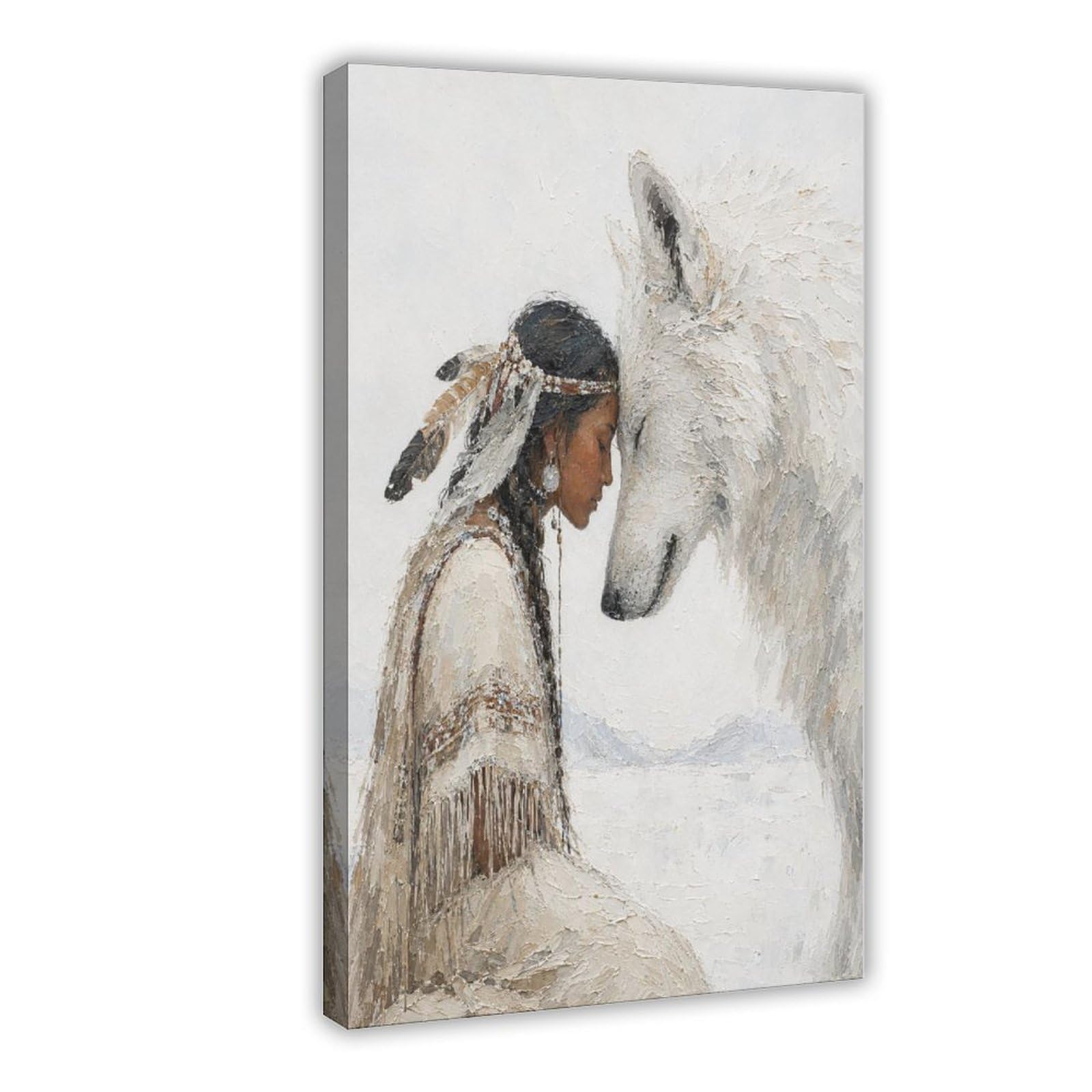 W7c8u2x3 Frame-Style-6 Native Woman With White Wolf Canvas Wall Art, Quiet Portrait Office
