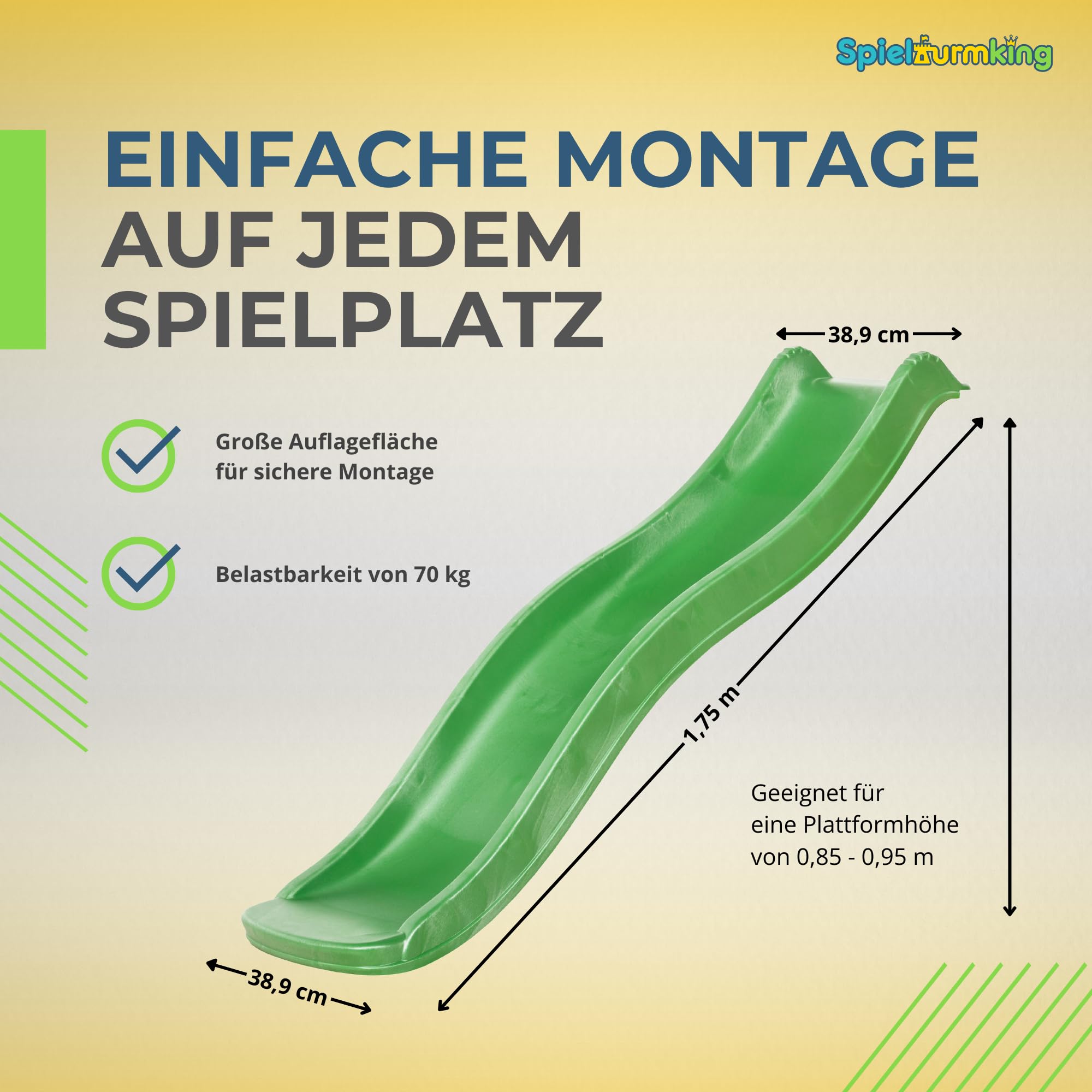 Kinder Rutsche 1,75 m Outdoor Garten Spielgeräte, Hellgrün | Stabile Wasserrutsche für Kinder, Alternative zu Indoor Spielgeräten, Kinderrutsche, Wellenrutsche für Podestöhe 0,95 m