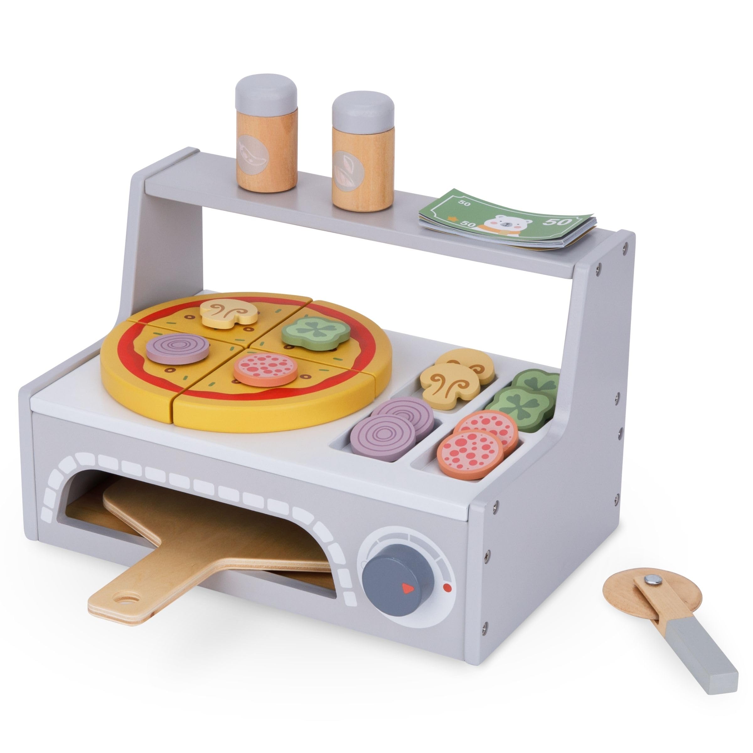 Mamabrum Set de Cuisson Pizza en Bois - Four, Morceaux de avec Velcro, Spatule, Coupe-Pizza - Jeu de Rôle Cuisine Italien 28,5 cm - Jouet Éducatif 3+ Ans (7 Pièces)