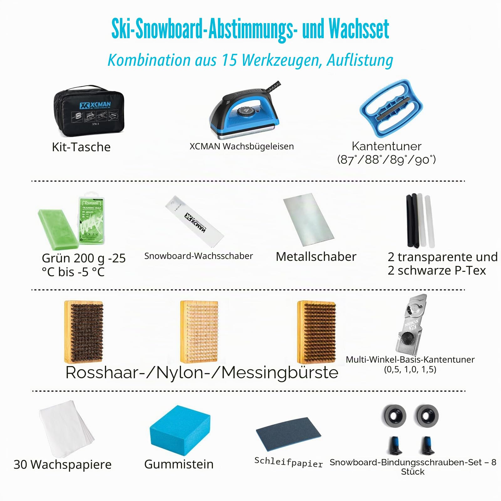 XCMAN Komplettes Ski Snowboard Tuning Wachs-Kit mit Wachseisen, Wachs, Mehrwinkel-Basiskanten-Tuner, Ptex-Basisreparatur, Wachspapier, Gummistein für Ski Snowboard Kanten-Tuning