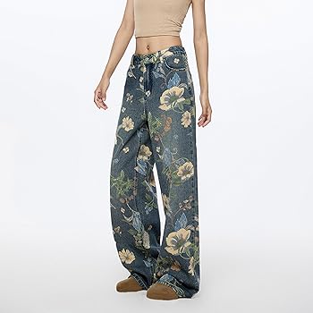 Women's Floral Baggy Jeans Y2k Aesthetics Wide Leg High Women's Floral Baggy Jeans Y2k Aesthetics Wide Leg High