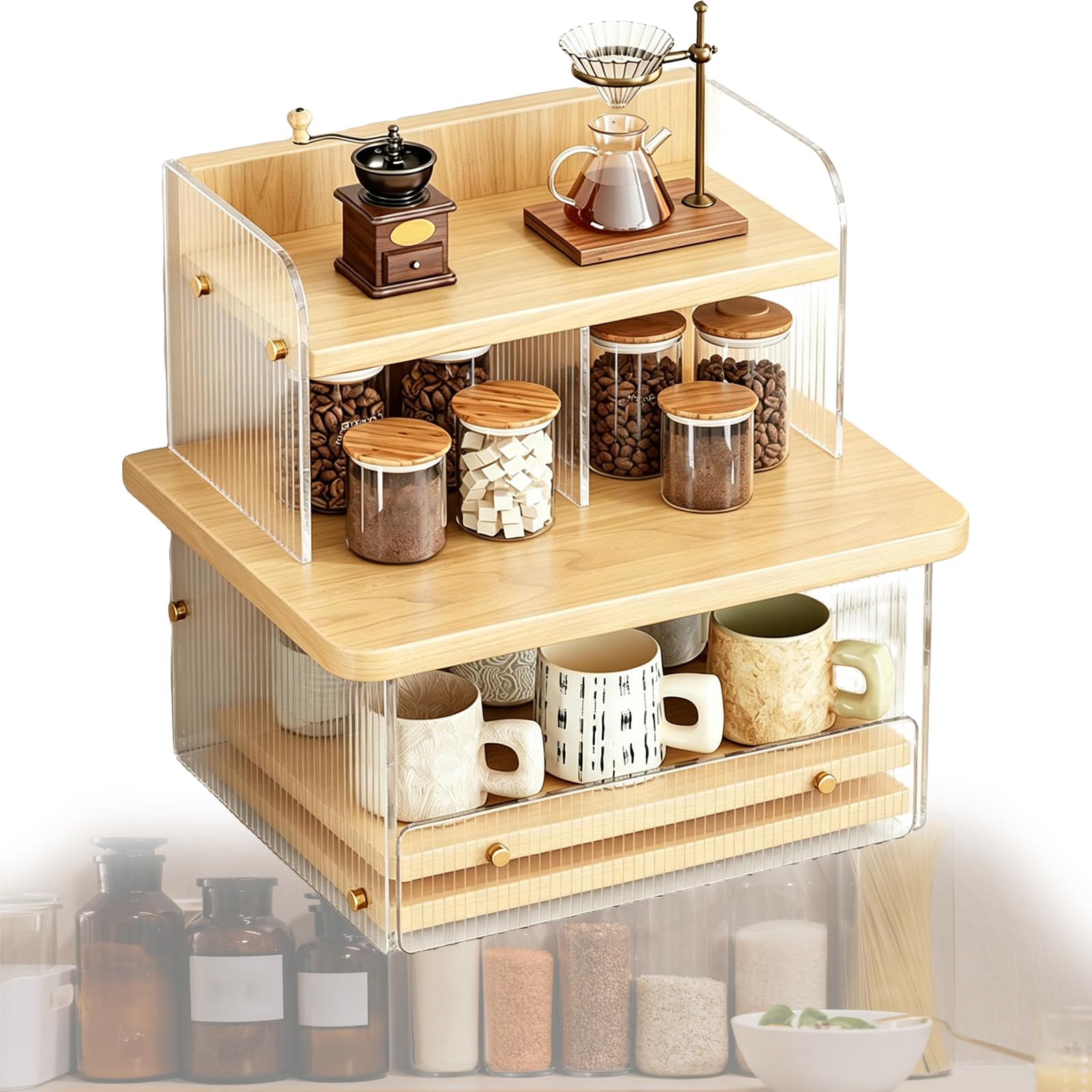 Weyot Acrylic Coffee Cup Display Shelf, Cup Station Organizer, Cup Holder for Coffee Bar Mug Display Rack for Countertop Mug Holder Shelf for Home Kitchen Yellow,32x26x35cm